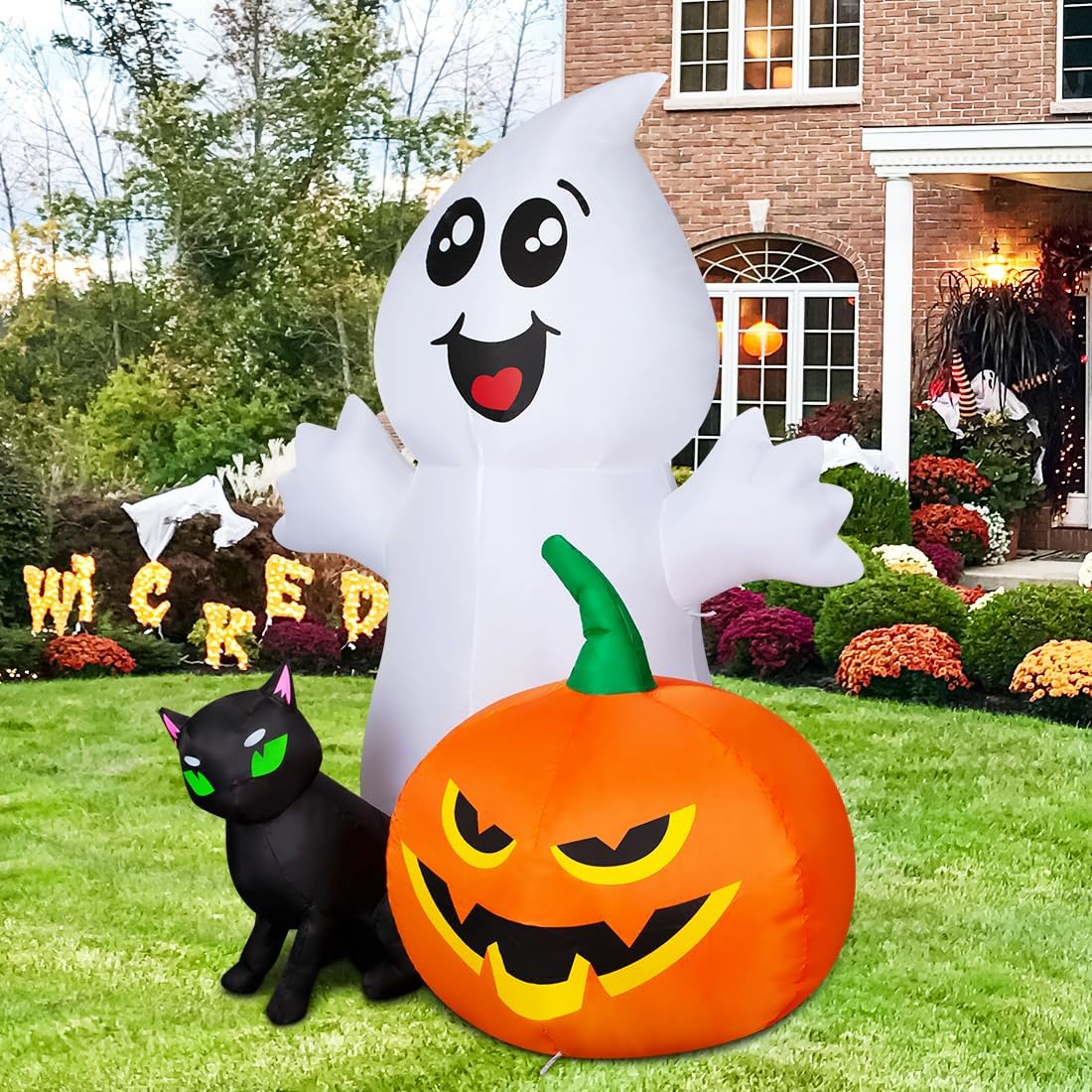 Halloween Inflatable 5FT Ghost with Black Cat and Pumpkin