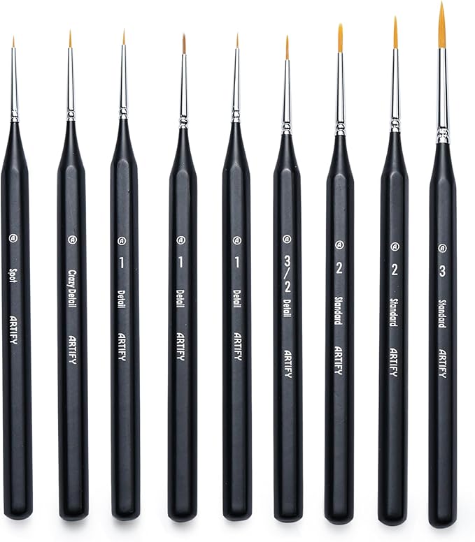 ARTIFY Miniature Detail Paint Brush Set: 9-Piece Round Small Model Paintbrushes, Thin Mini Tiny Micro Paint Brushes for Miniature Painting