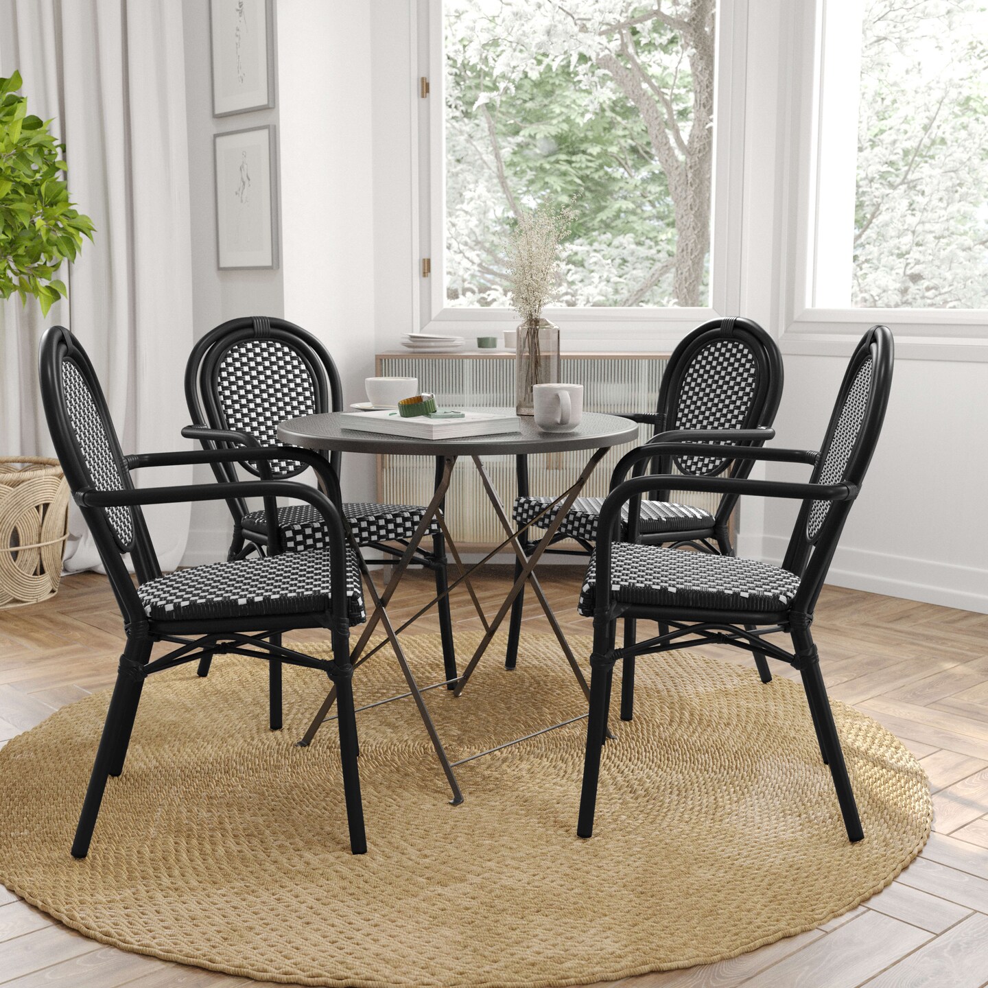 Merrick Lane Celia Set of Four Stacking Thonet Bistro Style Chair with Arms, PE Rattan Seat, and Metal Frame for Indoor/Outdoor Use