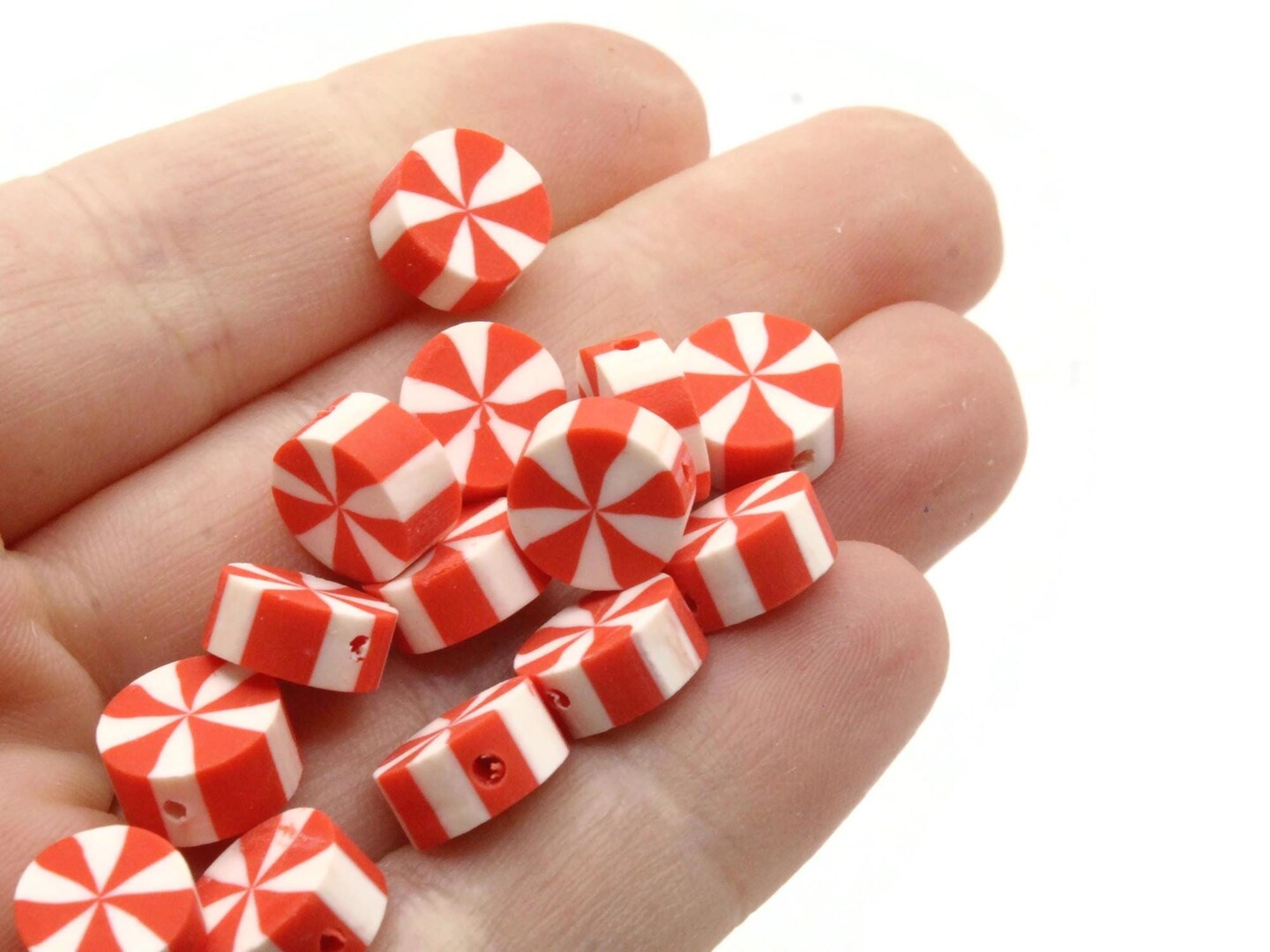 30 Peppermint Polymer Clay Red and White Small Loose Coin Beads