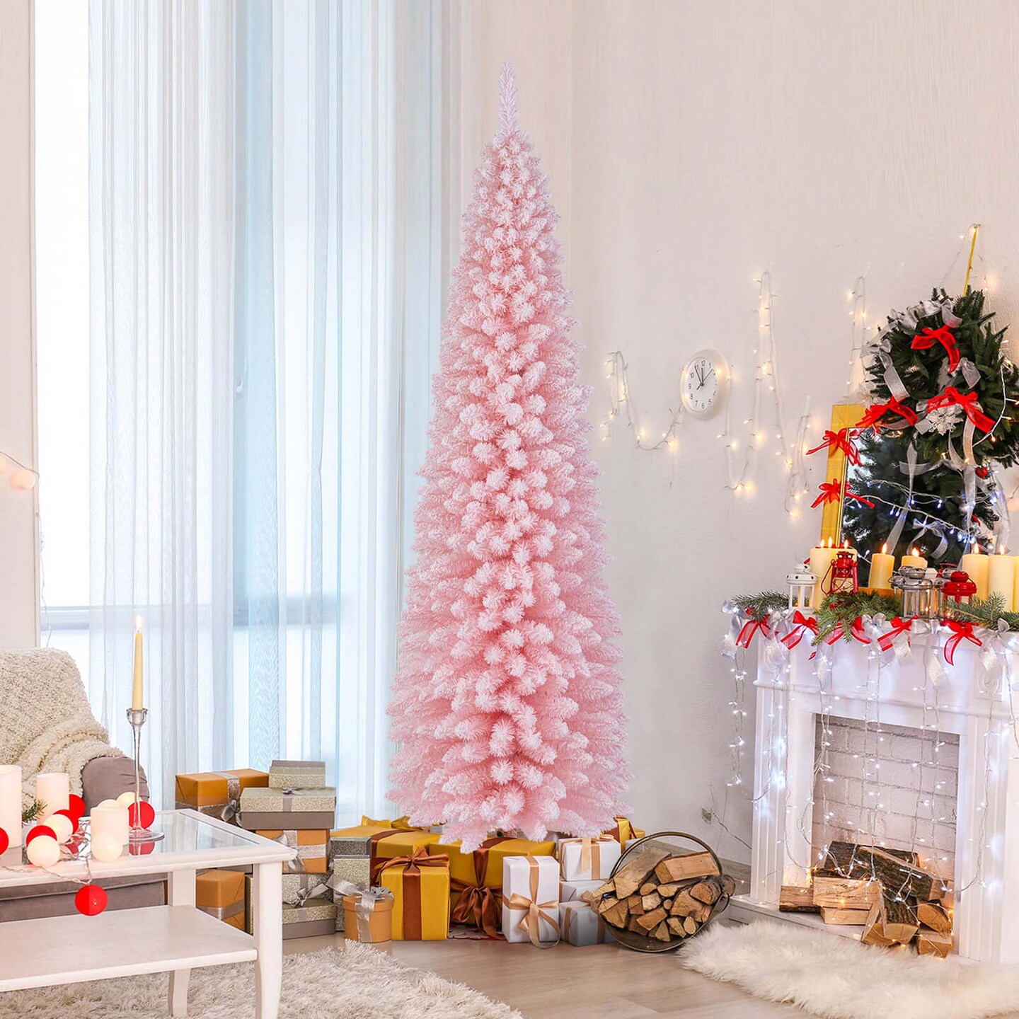Costway 5/6/7/8 FT Artificial Pink Christmas Tree with 328/460/635/1000 Branch Tips Folding Metal Stand