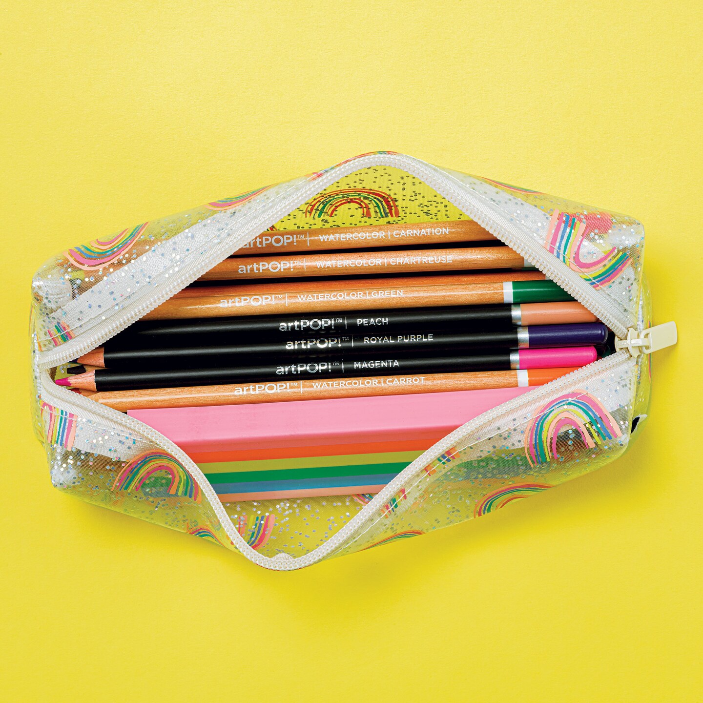 artPOP! Rainbow Pencil Case, Clear Glitter Soft Pen Pouch with Zipper Closure, 7.8 x 2.1 Inches Portable Round Pencil Bag for Pens, Marker, Travel