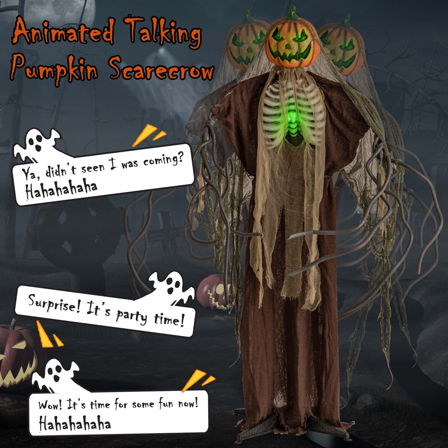 Costway 5.75ft Halloween Animatronics Decoration Talking Ghost Pumpkin with Glowing Ribs and Moving Head Sound & Touch Activated Standing Prop