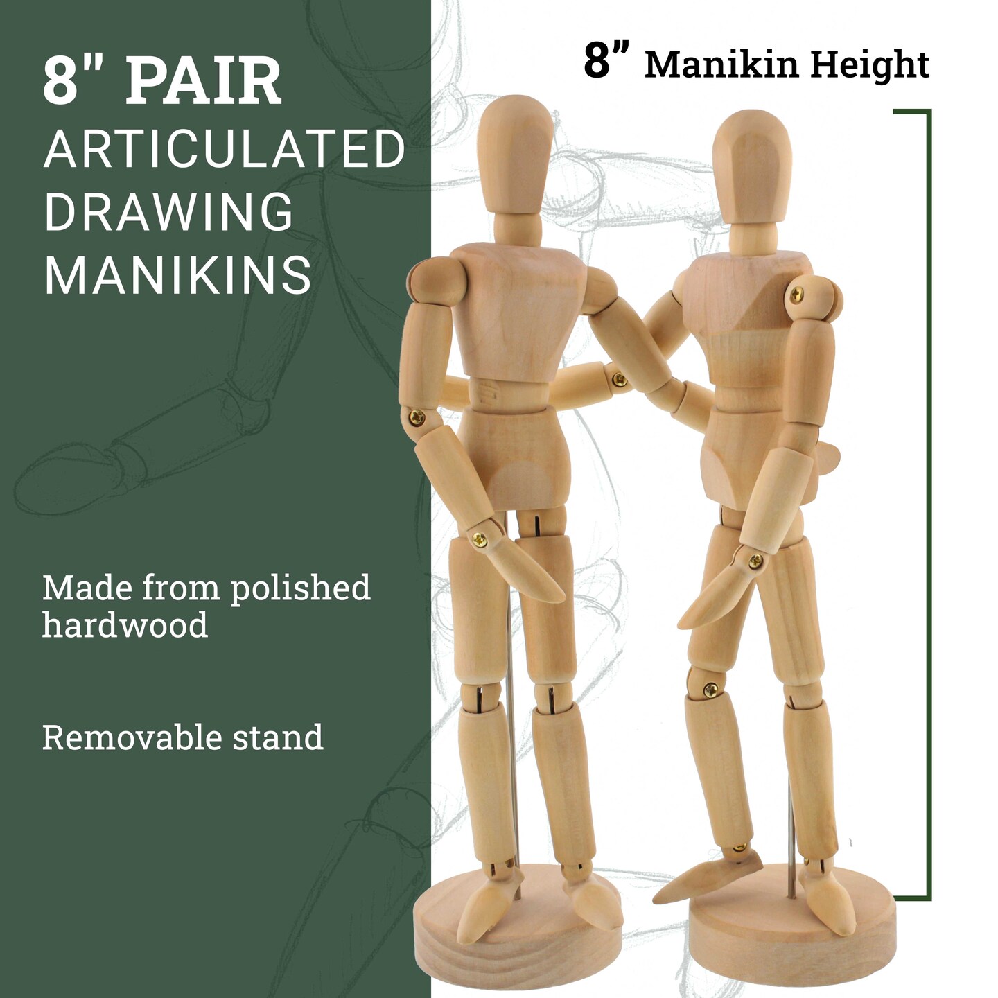 Wood 8&#x22; Artist Drawing Manikin Articulated Mannequin with Base and Flexible Body - Perfect For Drawing the Human Figure (8&#x22; Pair - Male &#x26; Female)