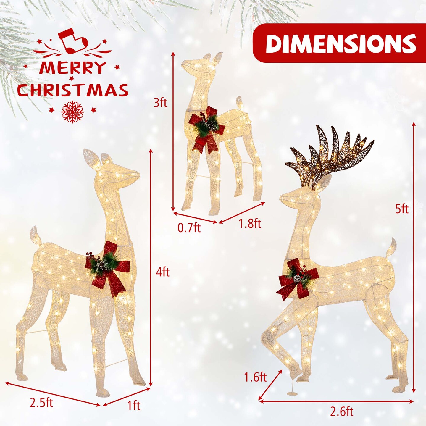 Costway 3 PCS Pre-lit Christmas Reindeer Family 3D Lighted Glitter Deer Xmas Decoration