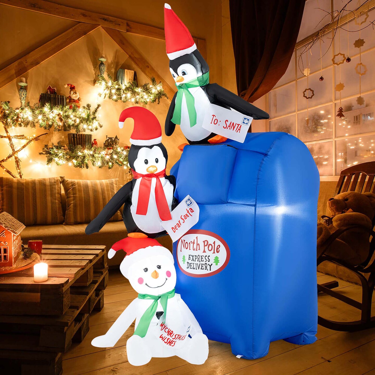 Costway 6 FT Christmas Blow up Pre-Lit Letters to Santa Mailbox with Penguins & Snow Man