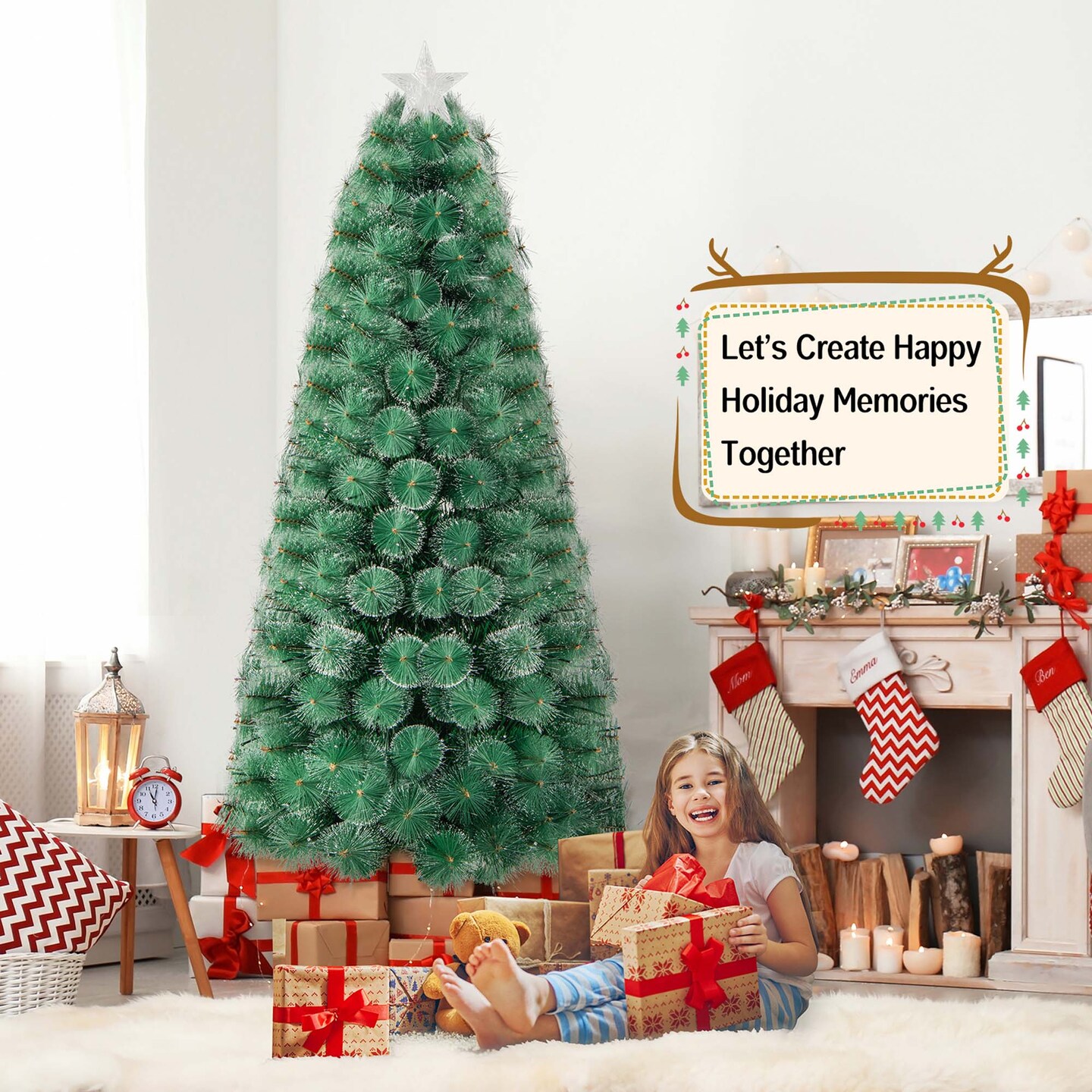 Costway 5FT/6FT/7FT Pre-Lit Fiber Optic Christmas Tree Xmas Decor with 148/185/226 Multi-Color LED Lights