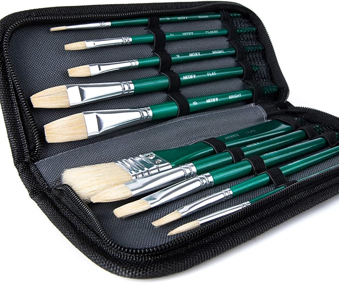 ARTIFY 10 Pieces Paint Brush Set, Intermediate Series, Includes a Carrying Case, Premium Hog Bristle Brushes for Acrylic and Oil Painting (Green - Hog Bristle)