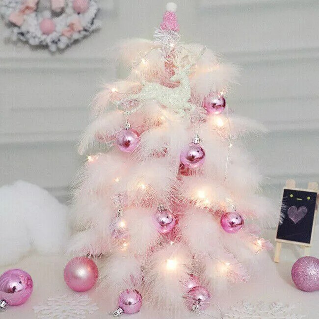 Mini Tabletop Christmas Tree with Feather Leaf LED String Lights Home Decor