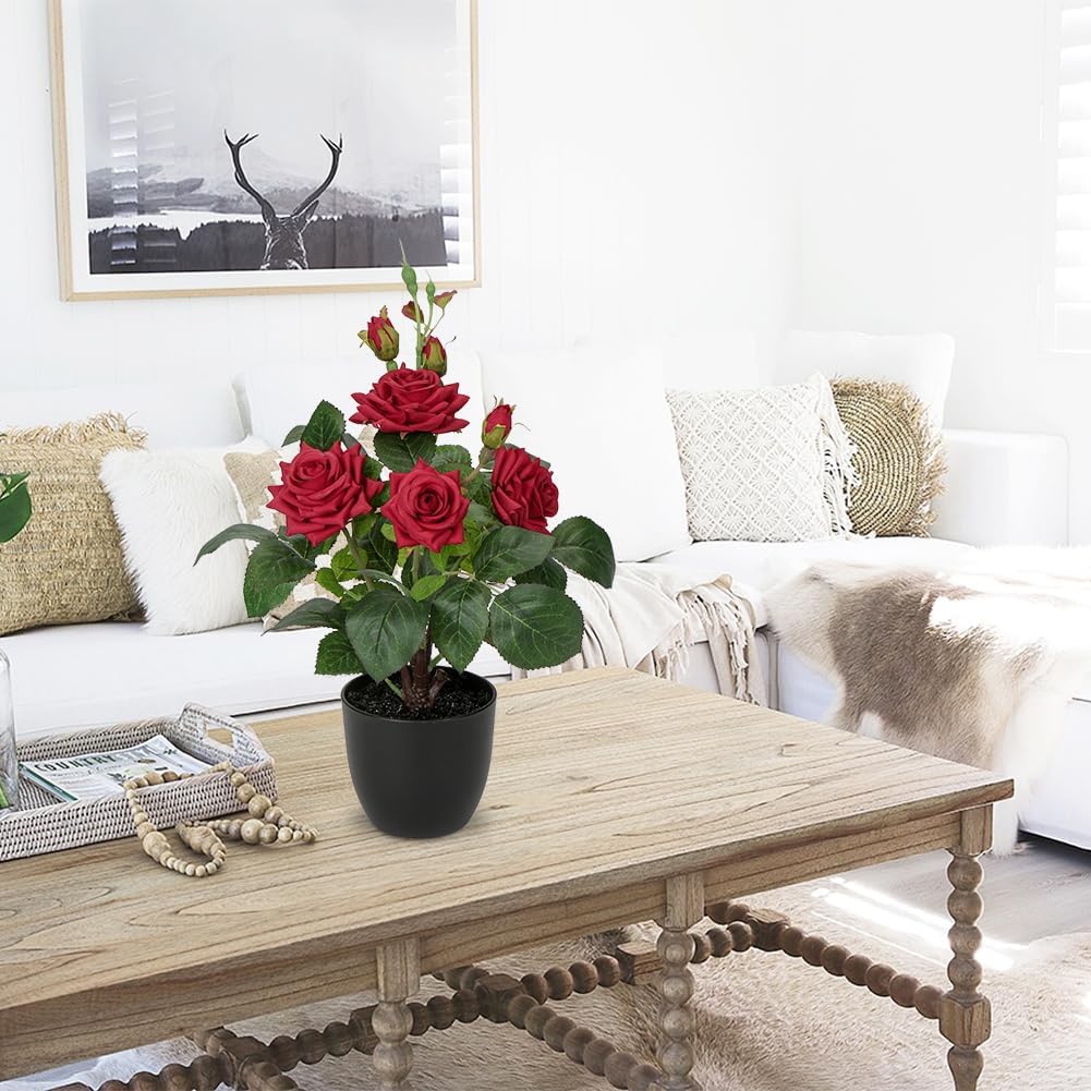 Artificial Plants &#x26; Flowers in Vase Red Roses Artificial Flowers Potted Plant Faux Silk Flower with Black Pot Fake Rose Flower Arrangement Home Decor Bathroom Shelf Desk Decoration 15 Inch