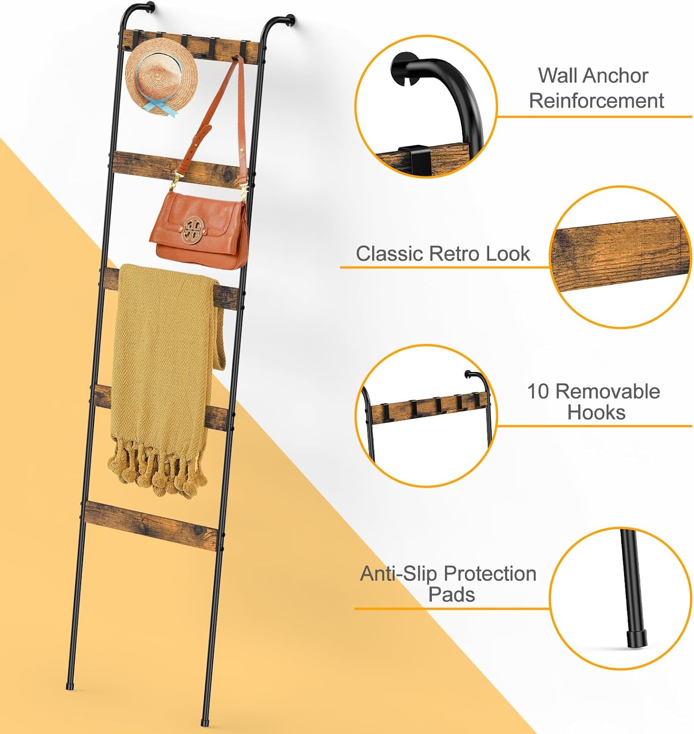 5-Tier Blanket Ladder with 10 Removable Hooks - Rustic Brown Wall-Leaning Towel Rack Organizer for Living Room, Bedroom, Bathroom Decor