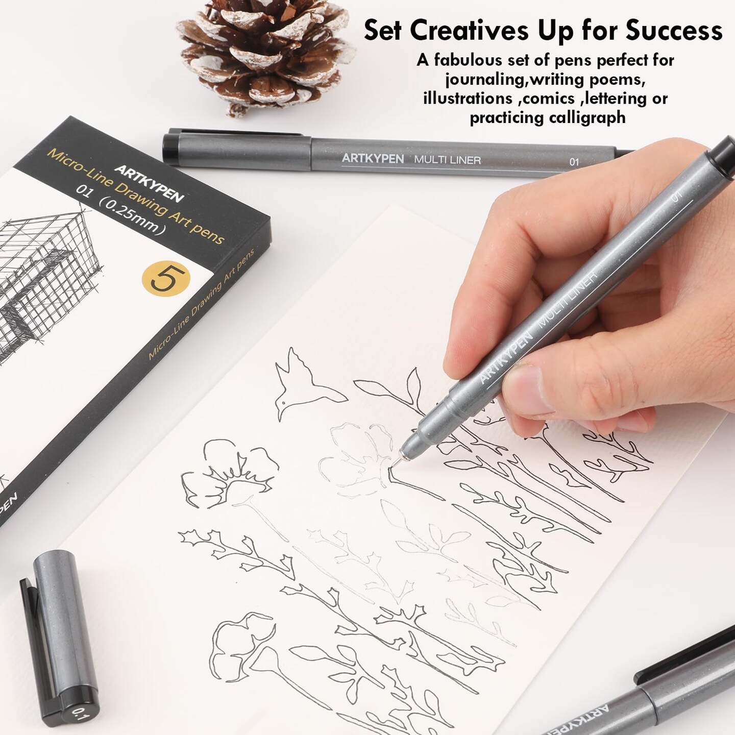 Micro Fineliner Drawing Art Pens: 5 Pack 0.25 mm Black Fine Line Waterproof Ink pen, Artist Supplies for Adults Sketching Anime Manga Watercolor Calligraphy Technical Illustrators