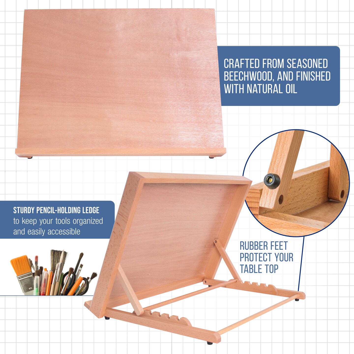Large 18-1/2&#x22; x 14-1/8&#x22; (A3) Adjustable Wood Art Drawing Board - 6 Angles, Beechwood Construction, Pencil Ledge - Perfect for Designing, Drafting, Sketching &#x26; Architecture Work