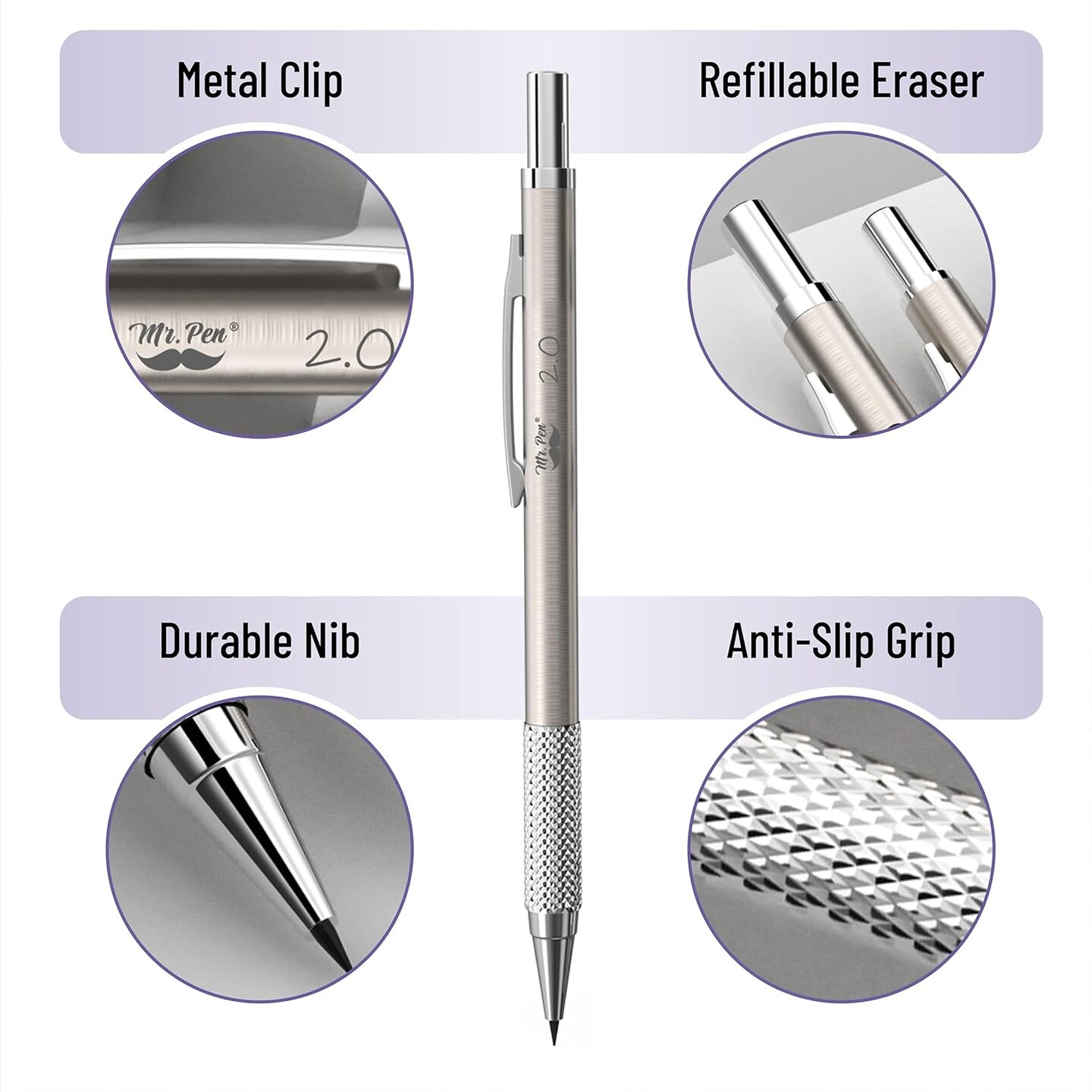 Metal Mechanical Pencil Set in Leather Case, 5 Sizes, 0.3, 0.5, 0.7, 0.9, 2mm, mechanical pencils, Sketching Pencils, Drafting Pencil