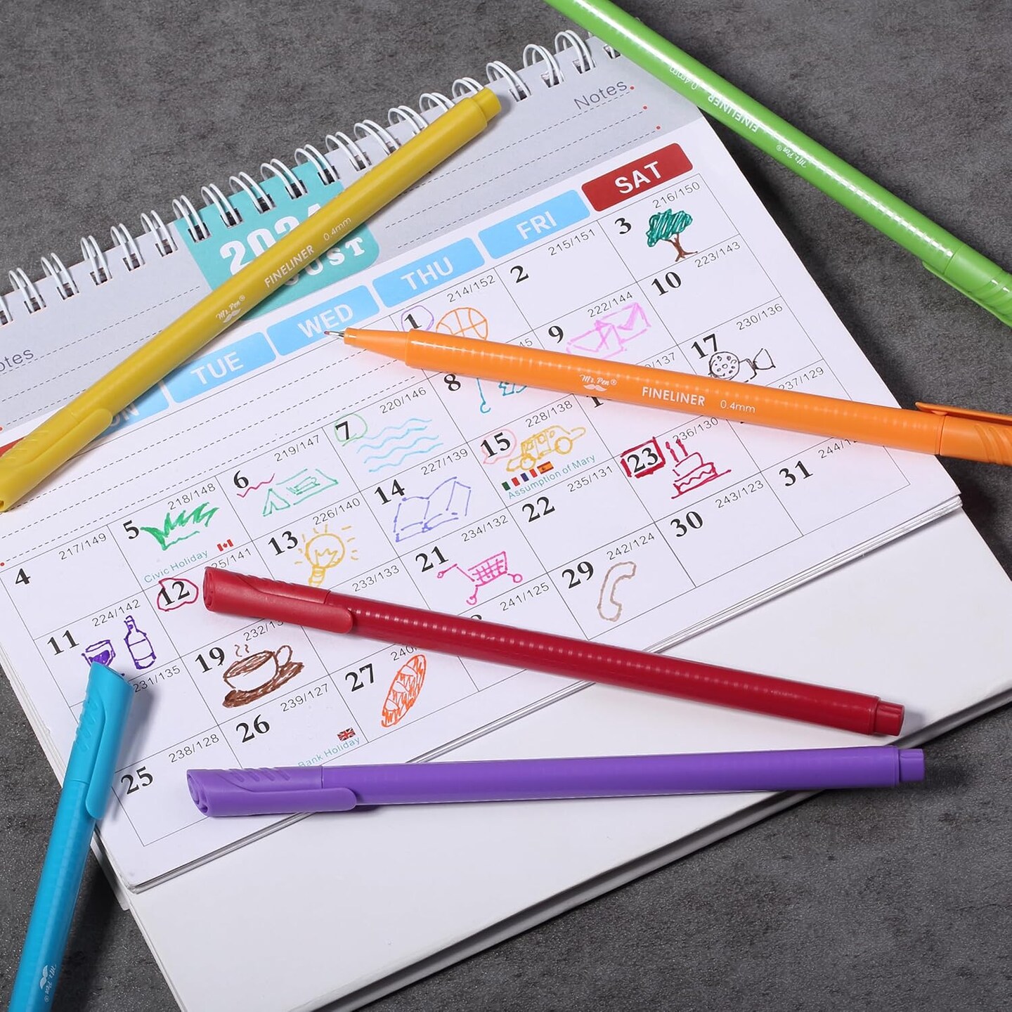 Fineliner Pens Colored, 24 Pack, Ergonomic Triangular Colorful Barrels, 0.4mm Fine Liner Pens