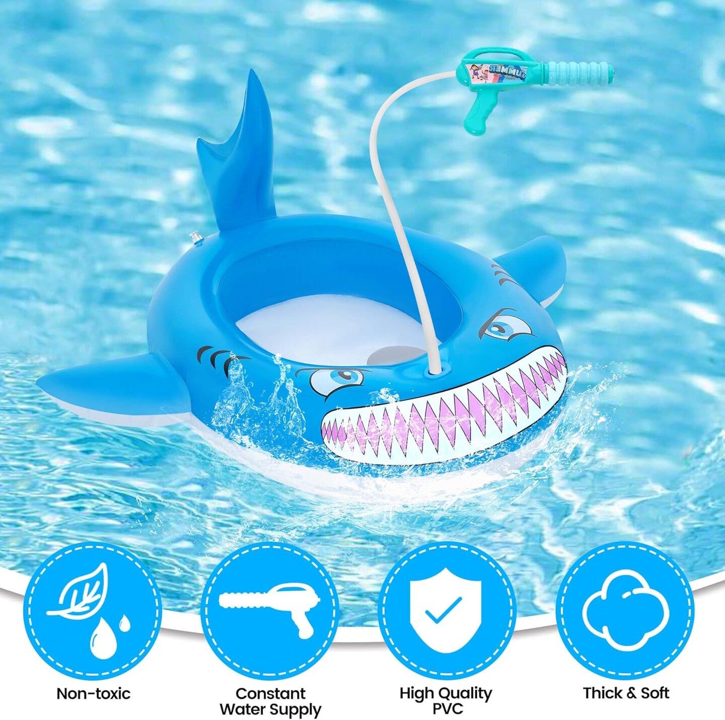 Summer Pool Floats for Kids with Water Squirt Gun Pool Toys for Toddler Ages 3-8 Shark Pool Floaties Inflatable Rafts Water Beach Lake Party Toys Swimming Floaty for Boys Girls