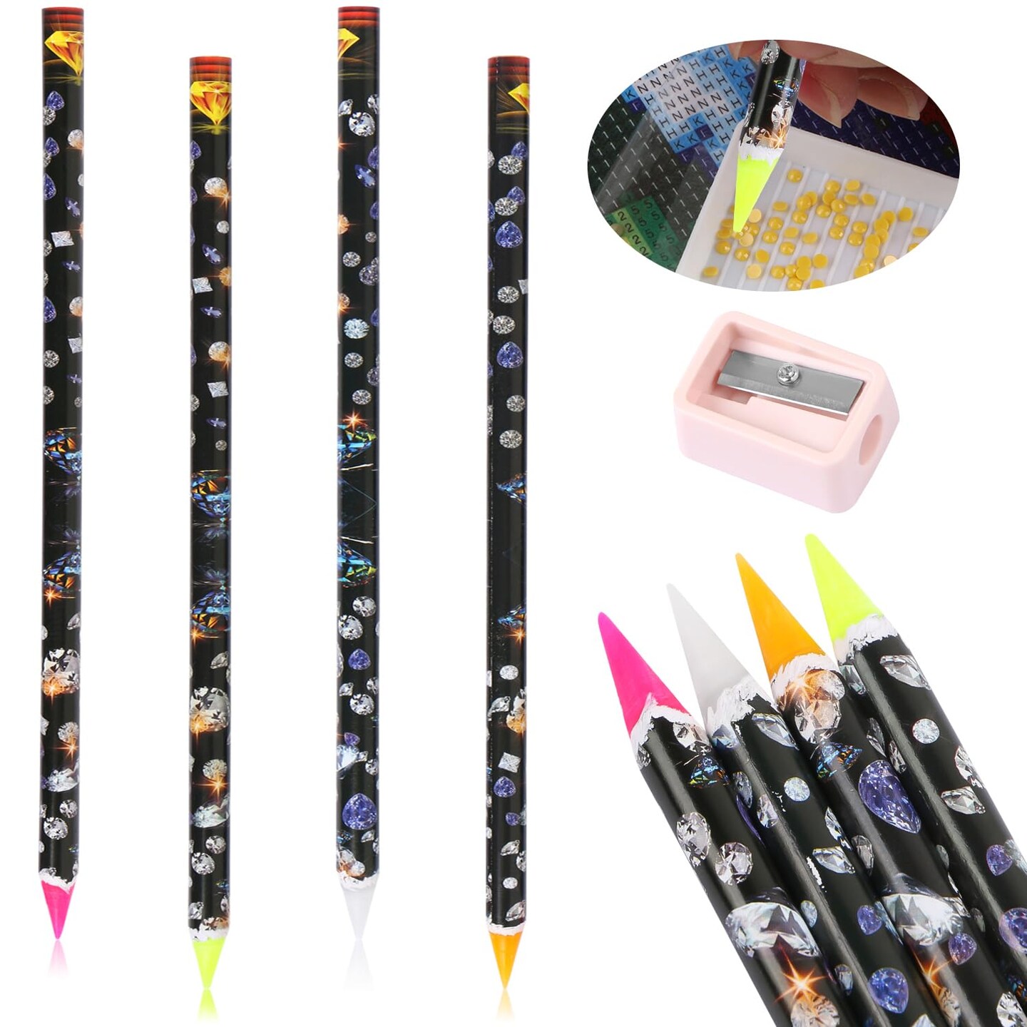 4 Pcs Diamond Art Pen Rhinestone Picker Pencil Point Drill Pen Self Adhesive Resin Picker Dotting Wax Pencil Gem Pick up Tools for Art DIY Decoration with Pencil Sharpener