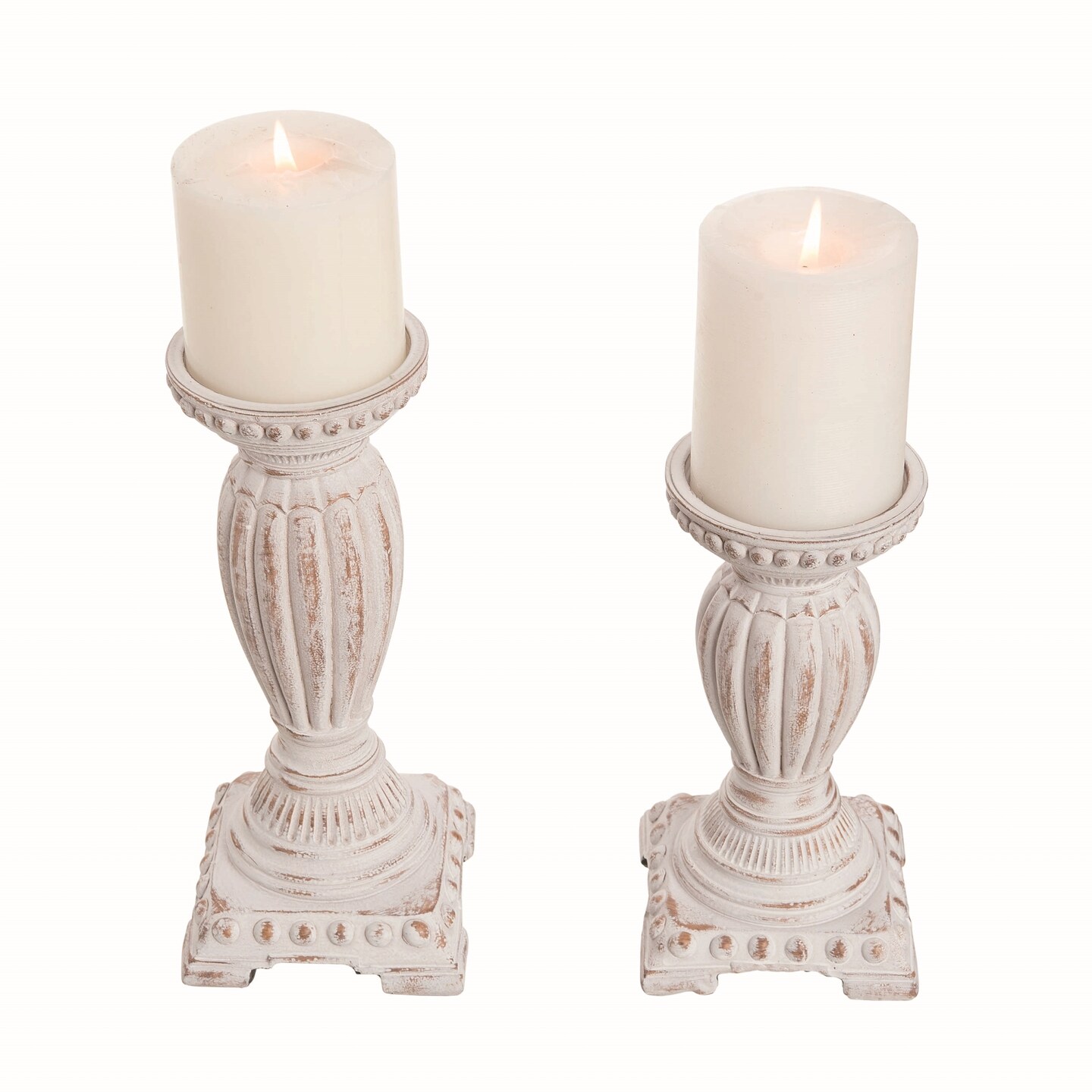 Transpac Resin 9.75 in. White Harvest Washed Pillar Candle Holder Set of 2