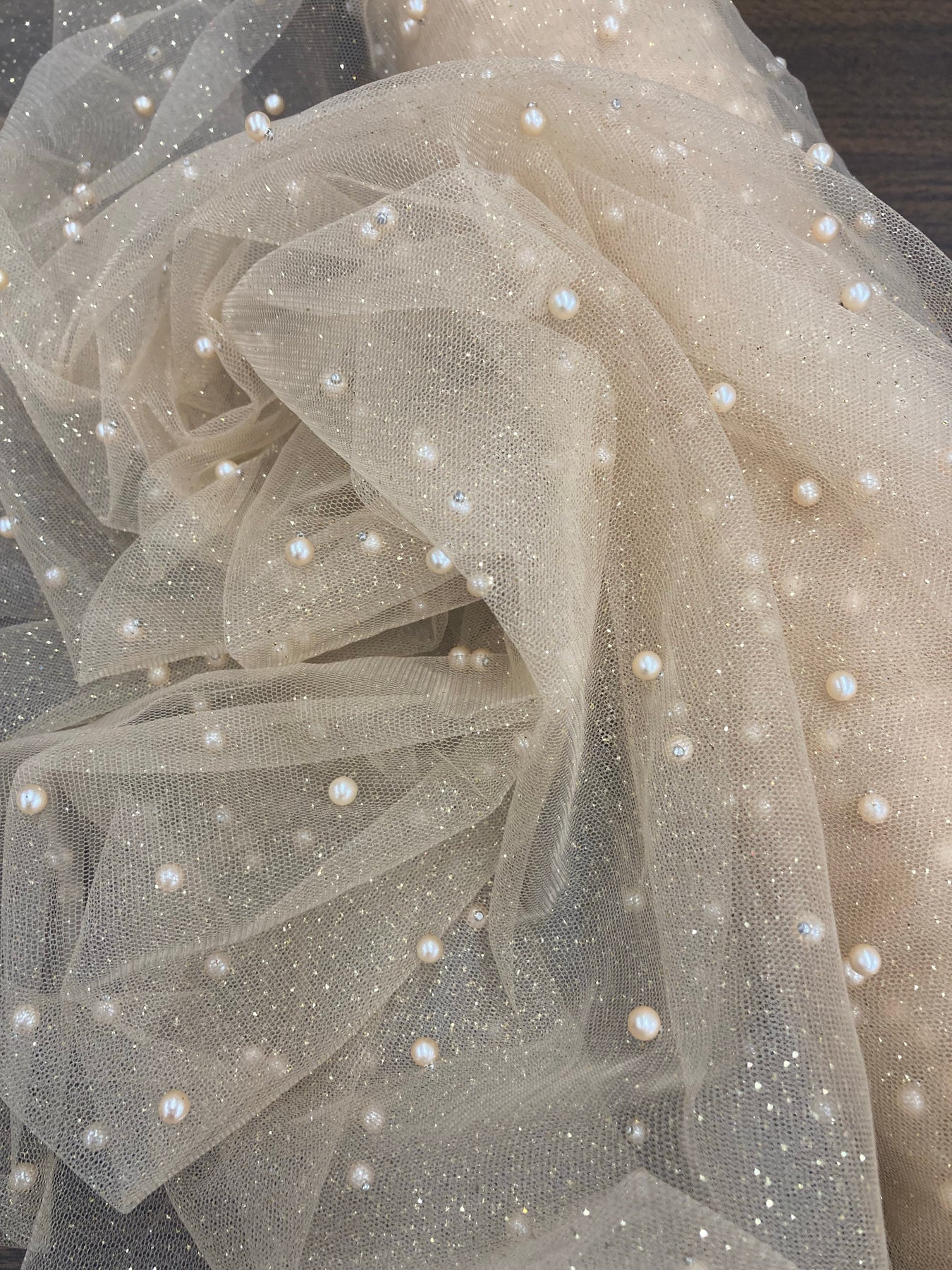 1 Yard Glitter Mesh Fabric with Scattered Pearls Stretch Soft Sparkle Net 60 Inch Width