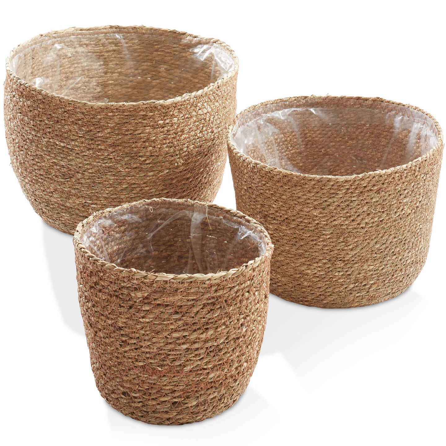 Casafield Set of 3 Seagrass Planter Baskets with Liners, Hand Woven Indoor Flower Pot Covers for Plants, Succulents, Home Decor