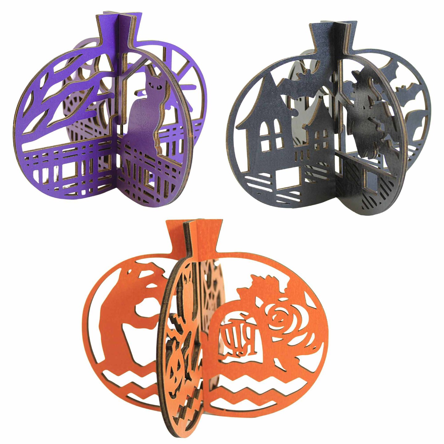 Ganz 5.5 Inch Laser Cut Pumpkins Halloween Seasonal Tabletop , Lightweight Halloween Decor Owl Spider Web Bats Cat