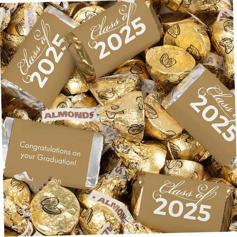 Gold Graduation Candy Party Favors Class of 2025 Hershey’s Miniatures & Kisses 128 Pcs