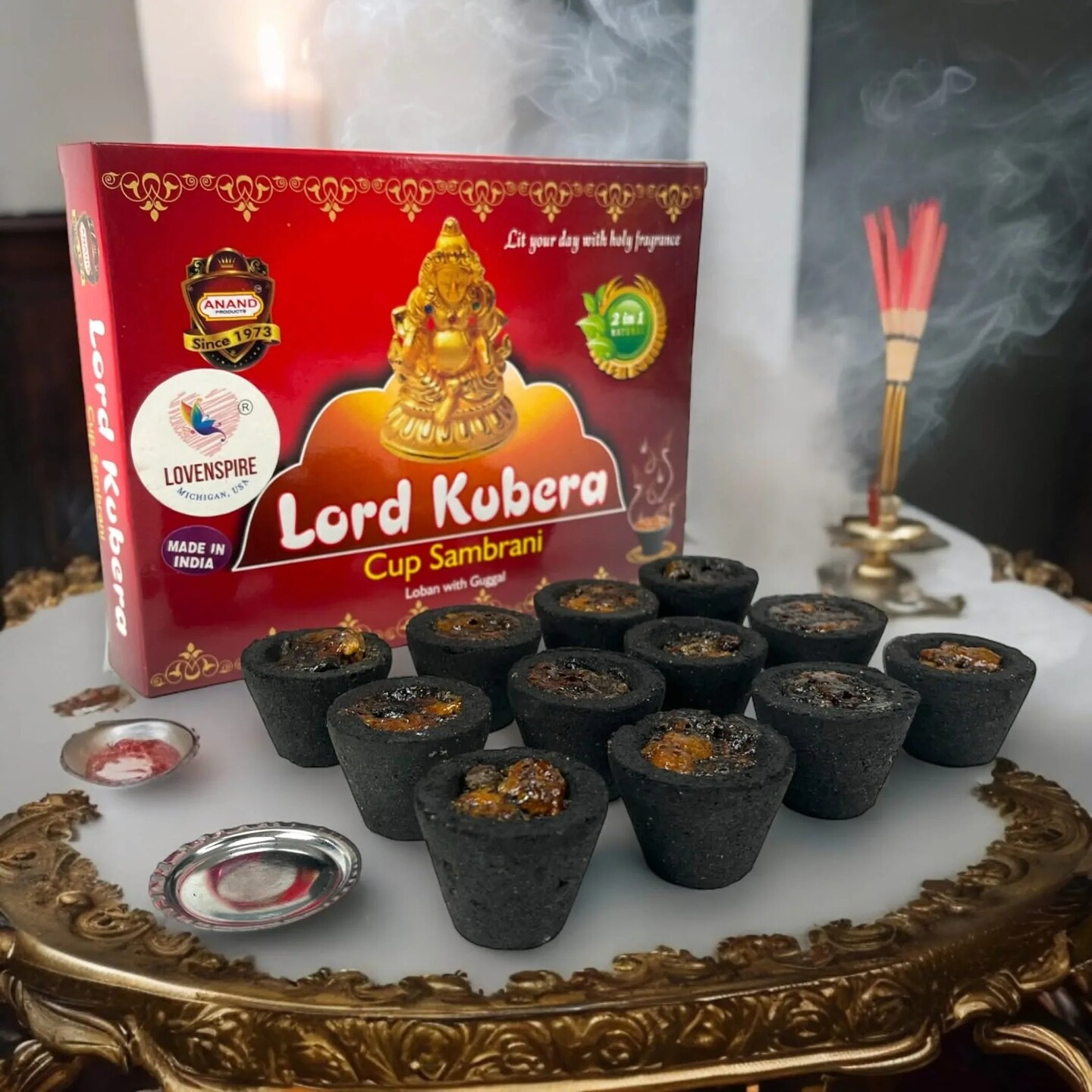 Sambrani Dhoop Cup with Burner Plate Guggal Loban Incense Black Long Lasting Aroma for Prayer Puja Meditation Spiritual Events Dhoopam for Havan Rituals - Natural Fragrance (12 Cups)