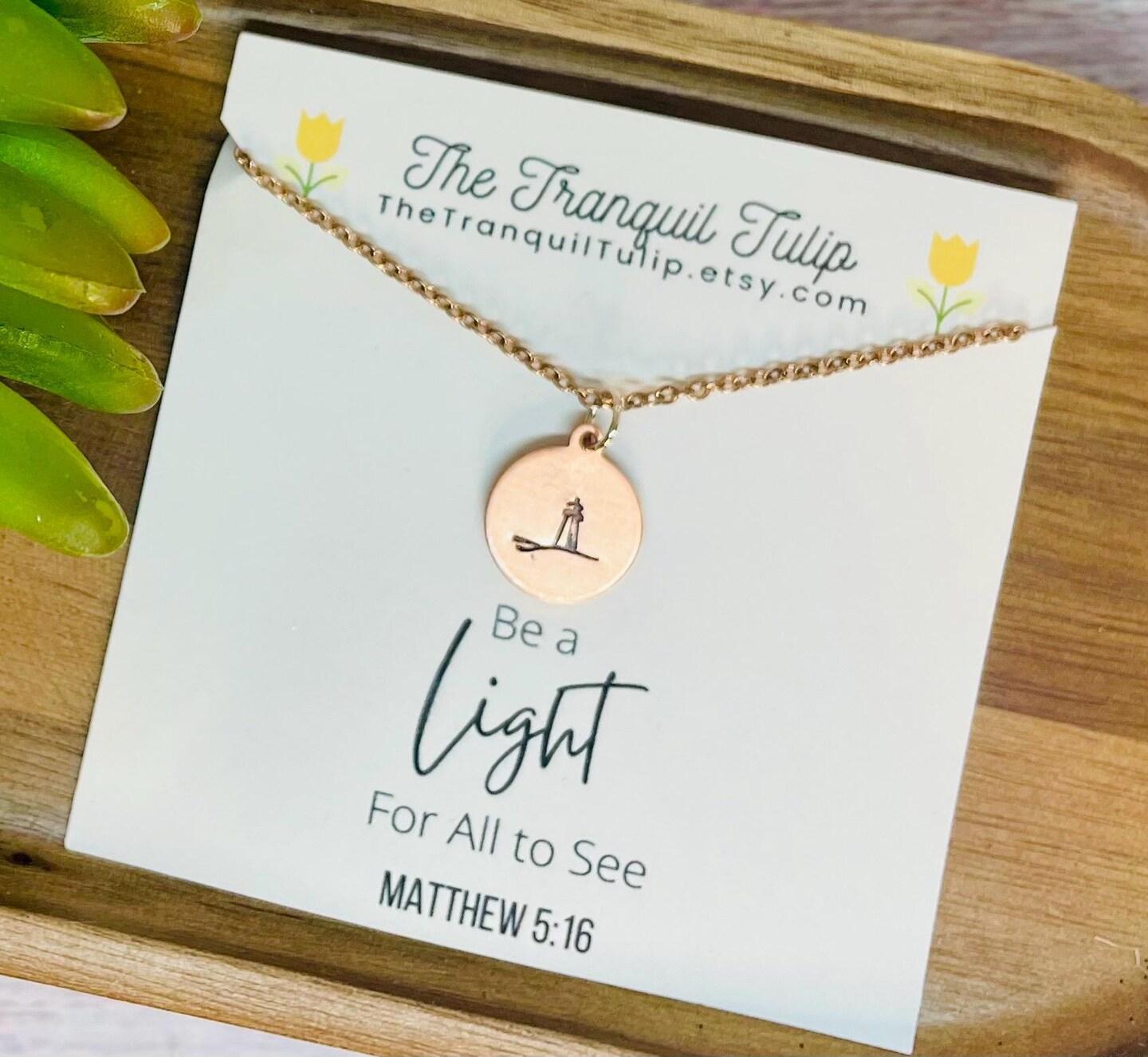 Be a Light for All to See Necklace Encouragement Card Faith Jewelry  Lighthouse Necklace Matthew 5:16 -Silver|Gold|Rose Gold Charms - Main Image