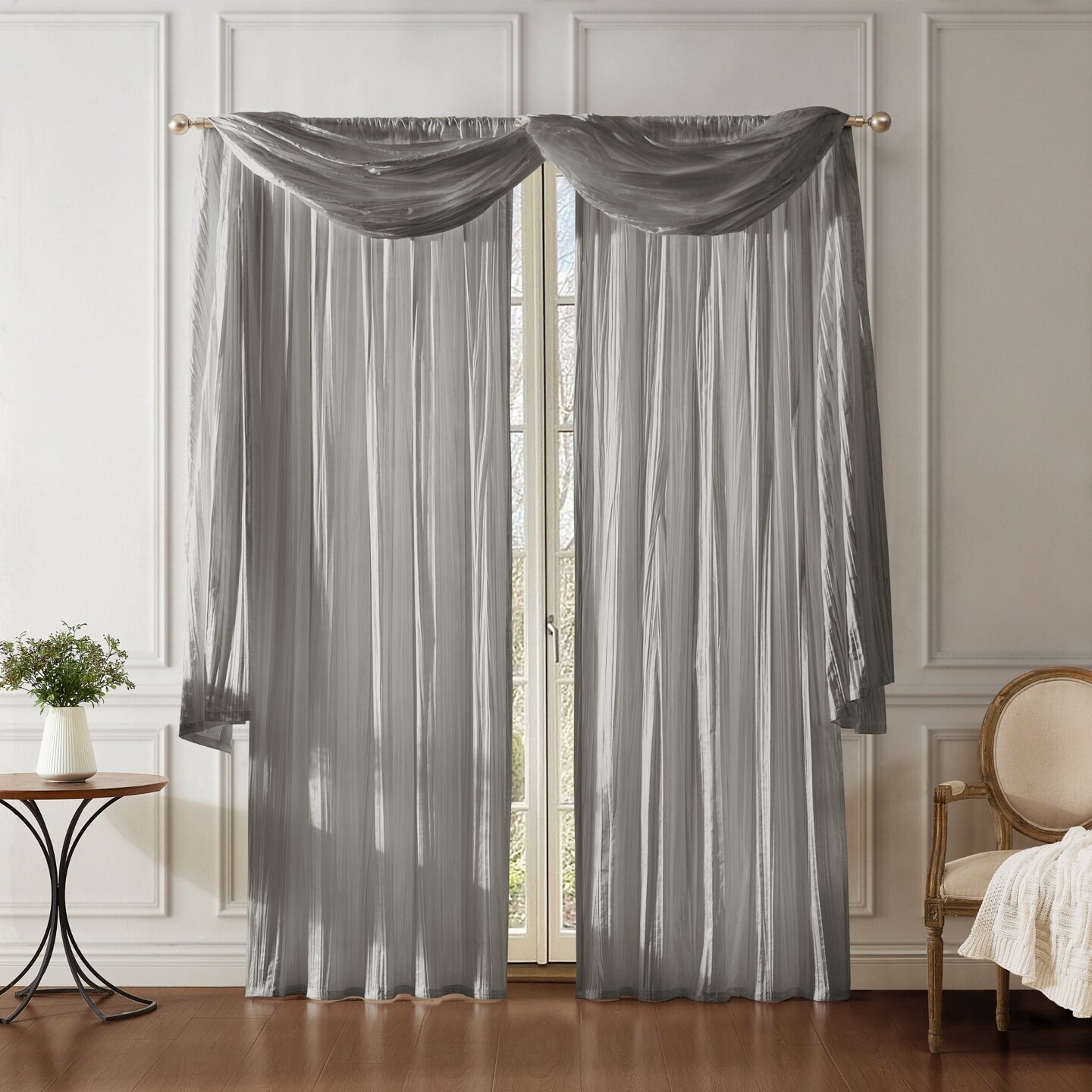 Threadmade Home Athena Faux Silk Window Curtain and Scarf Set, Sterling - 52"W x 95"L