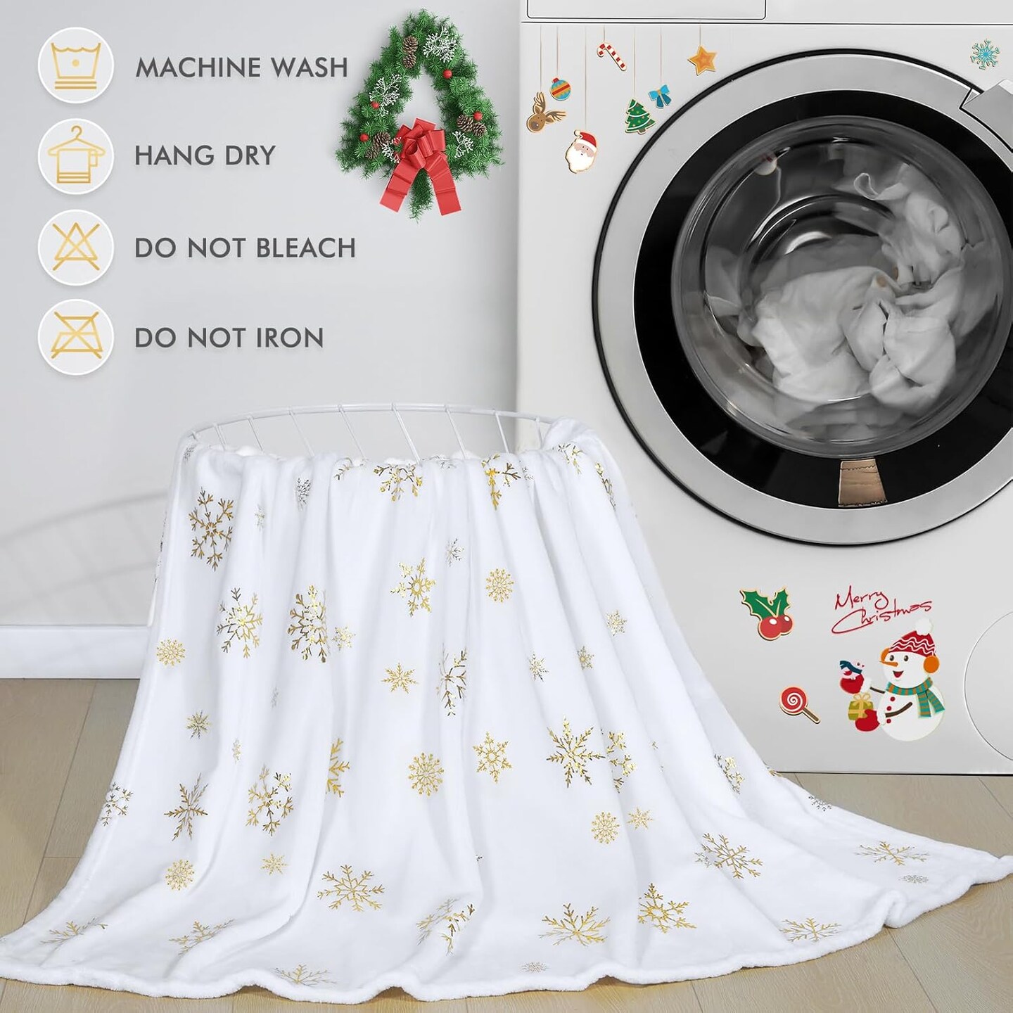 Christmas Throw Blanket, Soft White Winter Fleece Blanket Throw, Gold Snowflake Warm Fuzzy Flannel Blanket for Couch Sofa, Decorative Comfort Luxury Blanket 50&#x27;&#x27; x 60&#x27;&#x27;, Christmas Decorations