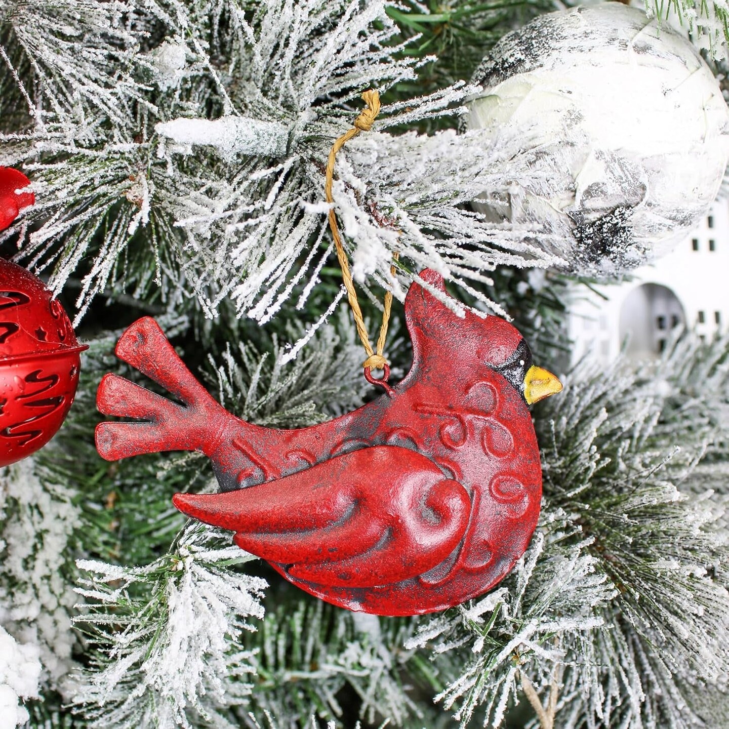 Auldhome Tin Cardinal Christmas Ornaments (Set of 3); Primitive 3D Galvanized Christmas Tree Decorations in Vintage Style