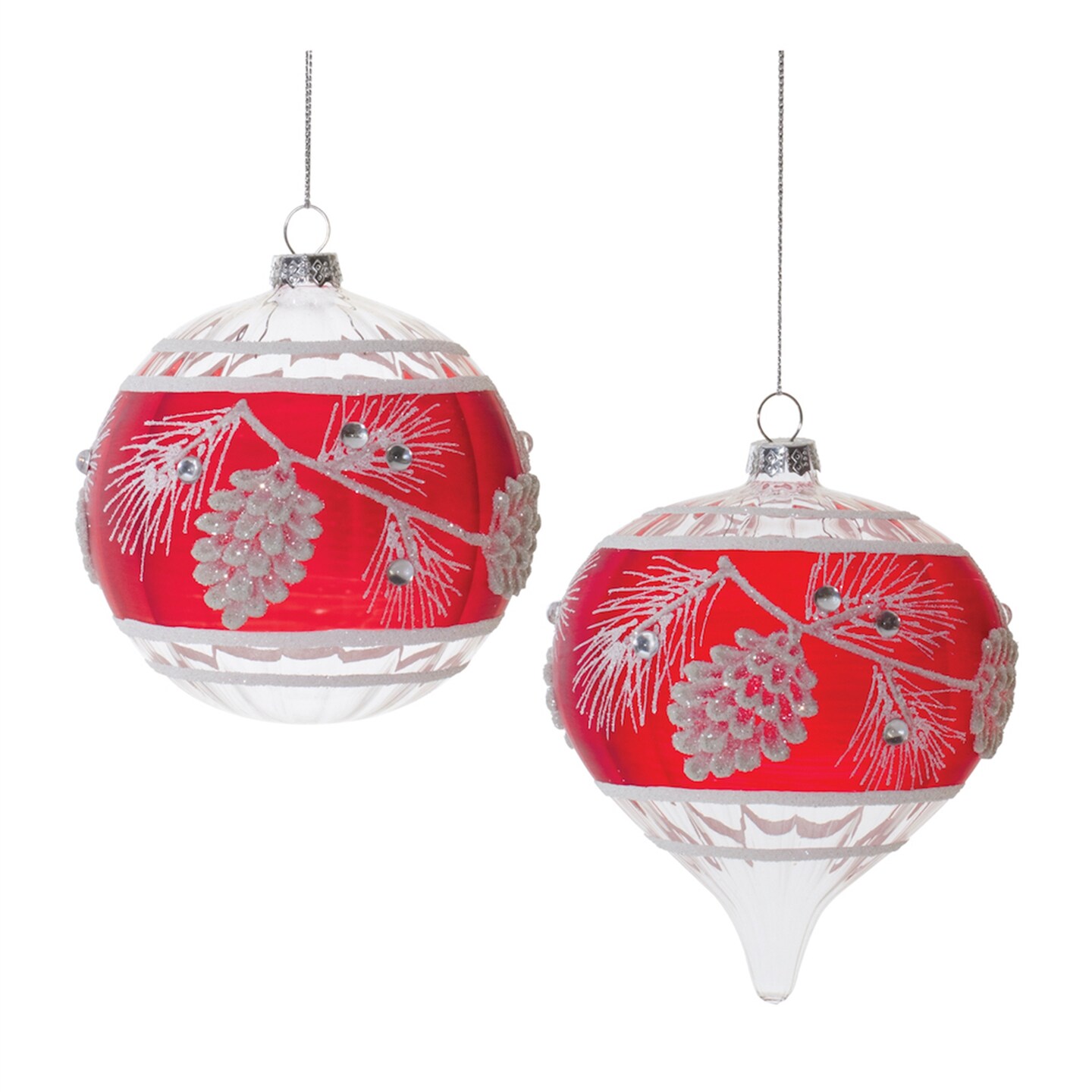 Melrose Glittered Pine Cone Glass Christmas Ornaments - 5&#x22; - Red and White - 6ct