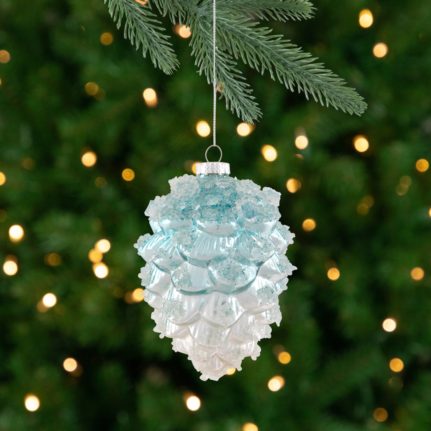 Northlight Icy Pine Cone Glass Christmas Ornament - 4.75&#x22; - Blue and White