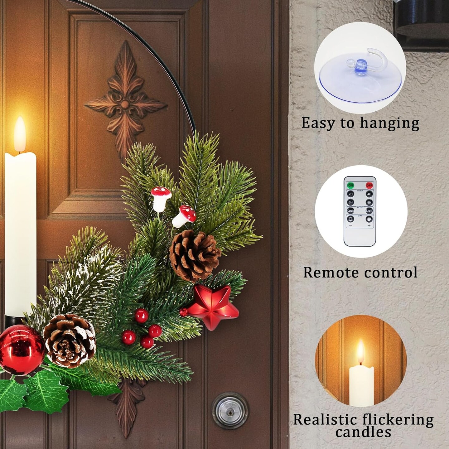 2Pack Christmas Wreaths for Front Door with Timer &#x26; Flickering LED Taper Candles &#x26; Remote, 16&#x27;&#x27; Windows Wreaths, Fireplace Christmas Decorations