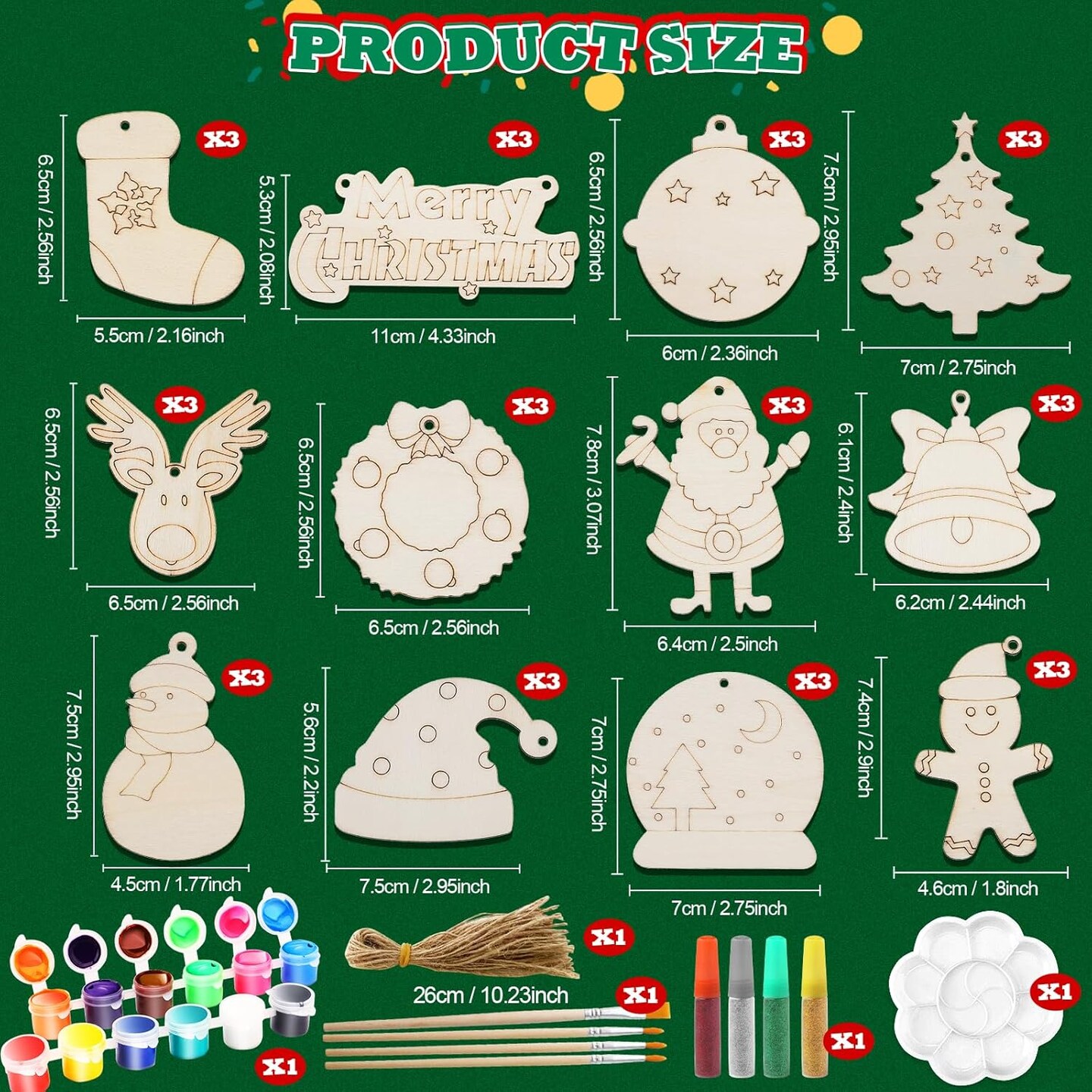 Christmas Crafts for Kids,36 Pcs Wooden Christmas Ornaments with Ropes for Hanging Decoration, 12 Styles Unfinished Wood Slices with Hole, DIY Ornament Craft for Boys &#x26; Girls Aged 5 6 7 8 9 10 11 12