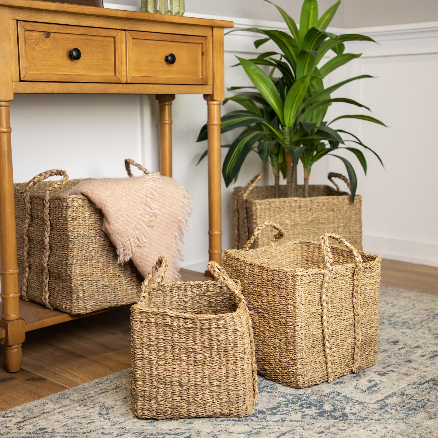Northlight Rustic Square Wicker Table and Floor Baskets - Set of 4