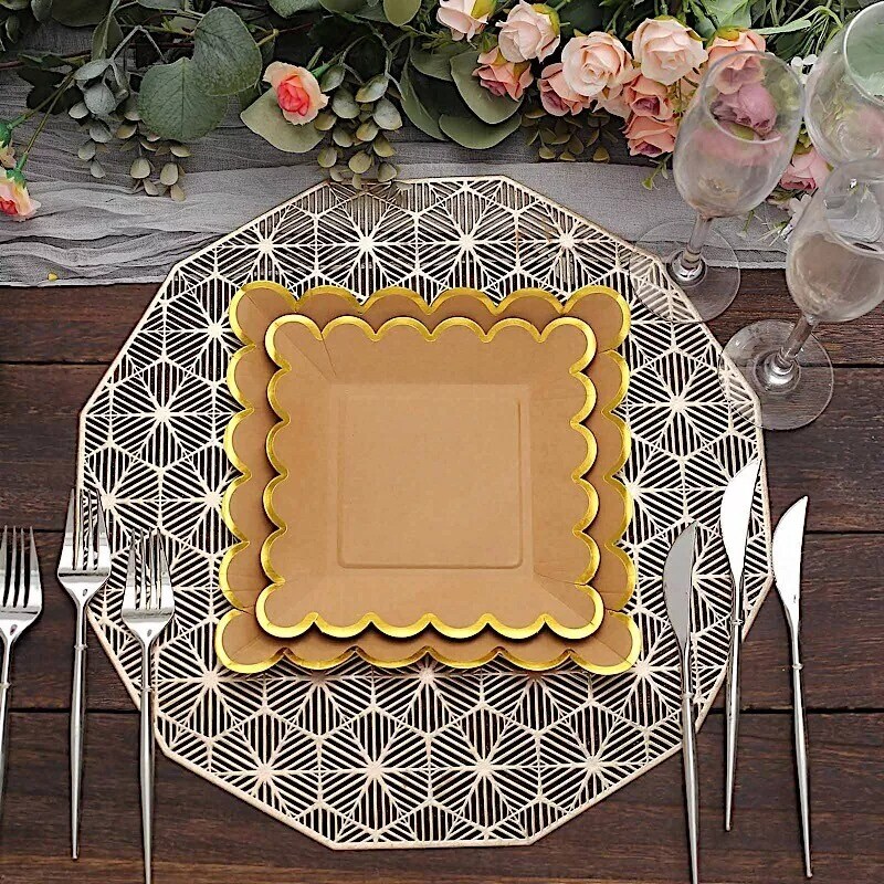 25 Natural 7" Square Disposable Salad Paper PLATES Gold Scalloped Trim Party