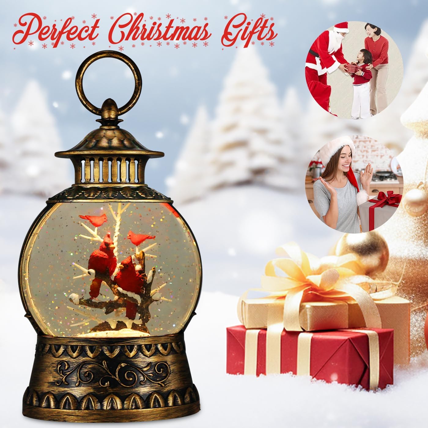 Cardinal Christmas Snow Globe, Cardinal Musical Snow Globe Lantern Lights with 6H Timer Battery & USB Powered, Retro Style Holiday Glitter Globe for Xmas Home Decoration Holiday Party Gifts