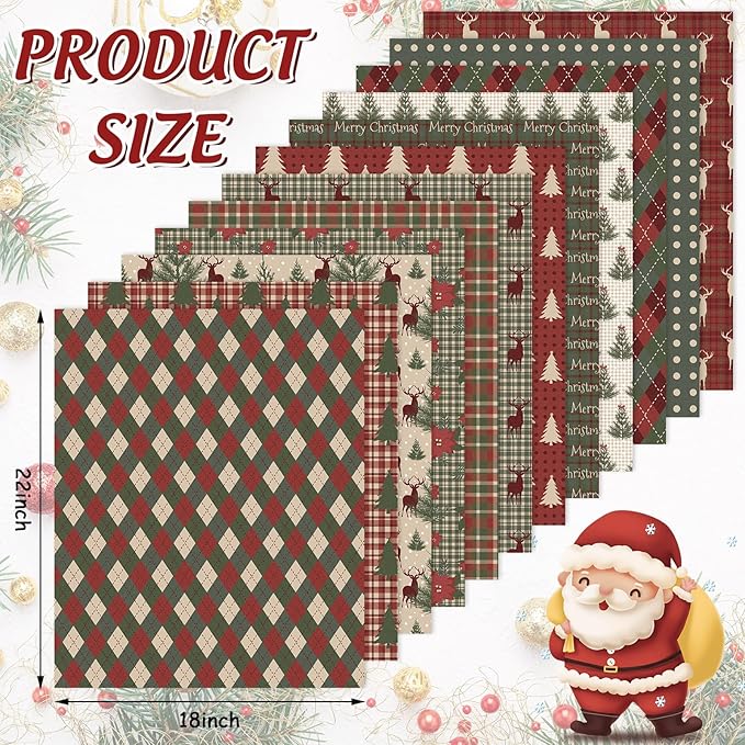 12Pcs Christmas Cotton Fabric Bundles Woodland Poinsettia Reindeer Tree Printed Fat Quarters Plaid Xmas Sewing Fabrics for DIY Handmade Crafting, 18 x 22 Inch