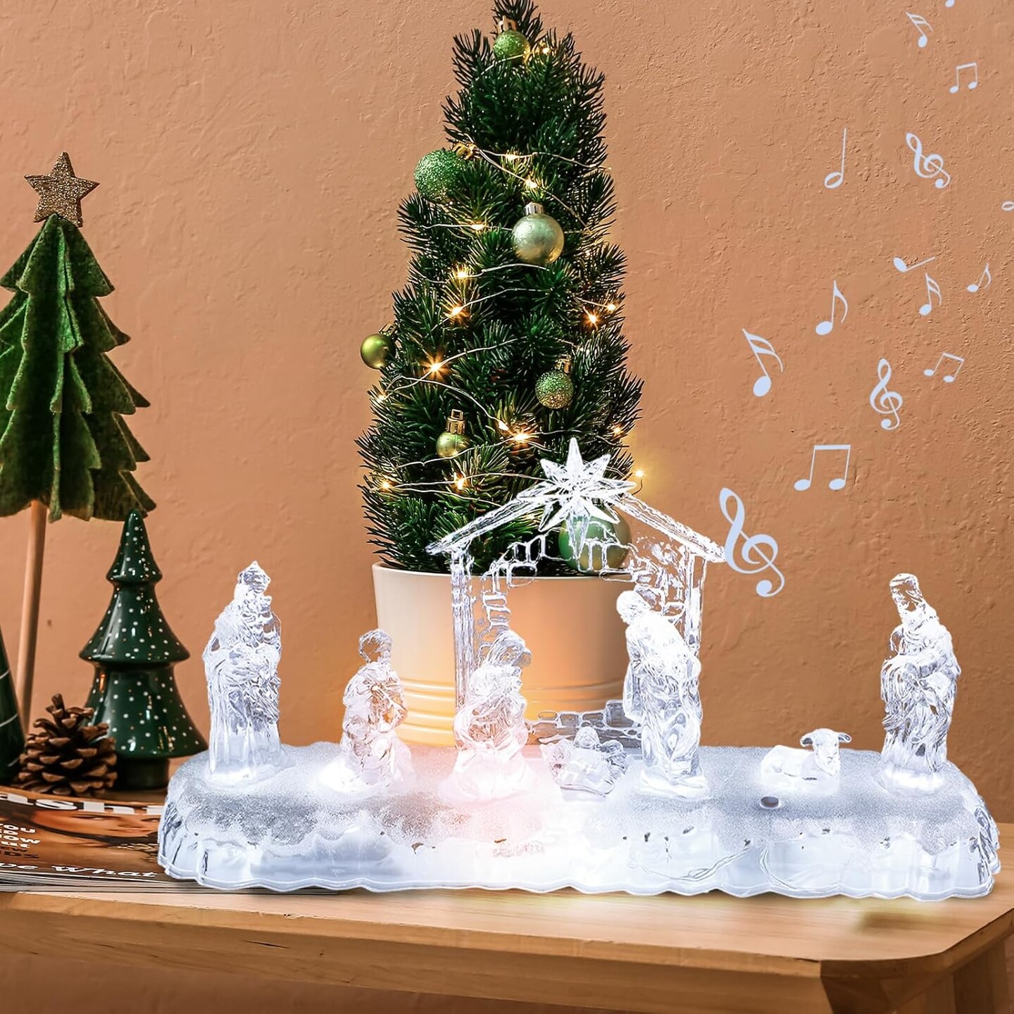 13 Inch Nativity Sets Indoor Decor for Christmas LED Acrylic Clear Lighted Musical Nativity Scene People Set Decorations for Xmas Home Table Shelf Christmas Religious Gift
