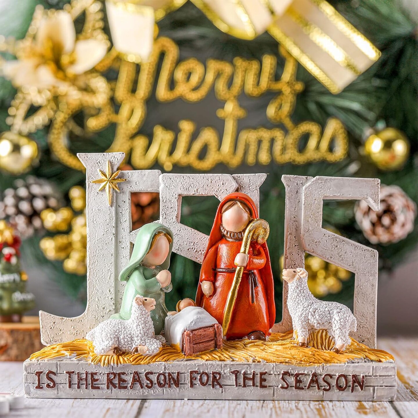 Christmas Nativity Scene Figures, Holy Family Nativity Creche Set with Jesus Messages Resin Religious Tabletop Gift for Christian, Christmas Indoor Desktop Decor, 2.7 Inch Tall (Jesus)