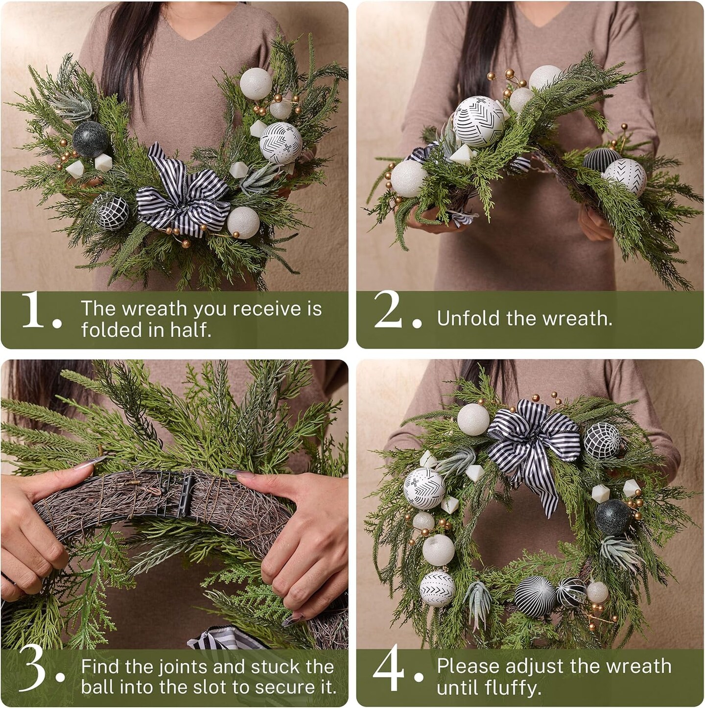 Collapsible Christmas Wreath, 24 inch Prelit Norfolk Pine Wreaths for Front Door with Ornament, Aritificial Greenery Christmas Wreath Decorations with Lights (Boho Black &#x26; White)