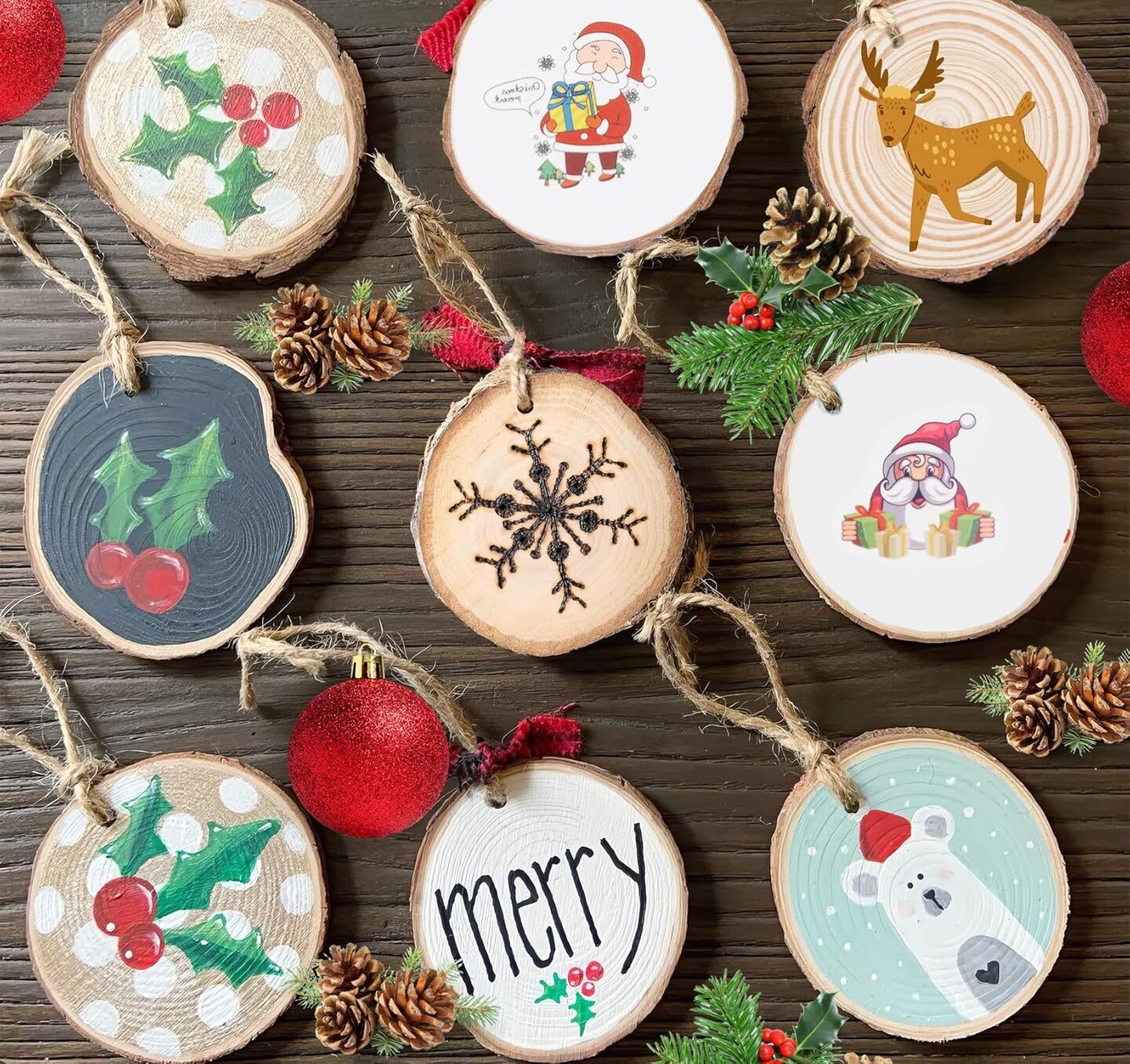 Wood Slices, 30PCS 3.1&#x27;&#x27;-3.5&#x27;&#x27;Natural Wooden Christmas Ornaments Kit Unfinished Wooden Circles with Pre-Drilled Hole, Acrylic Paint, Diamonds, DIY Craft for Kids Adults Holiday Decor