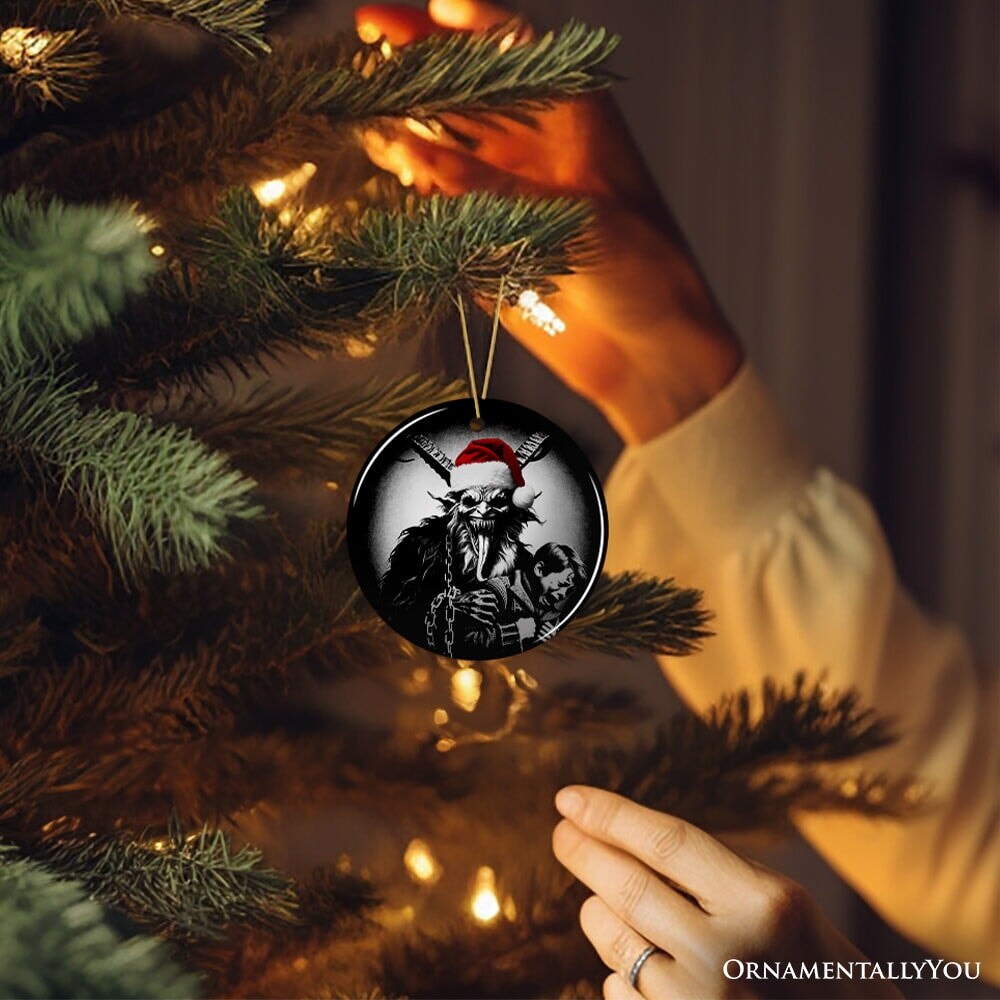 Horrifying Krampus With Santa Hat Ceramic Ornament, Keepsake For Unique Halloween Tree Christmas Decor