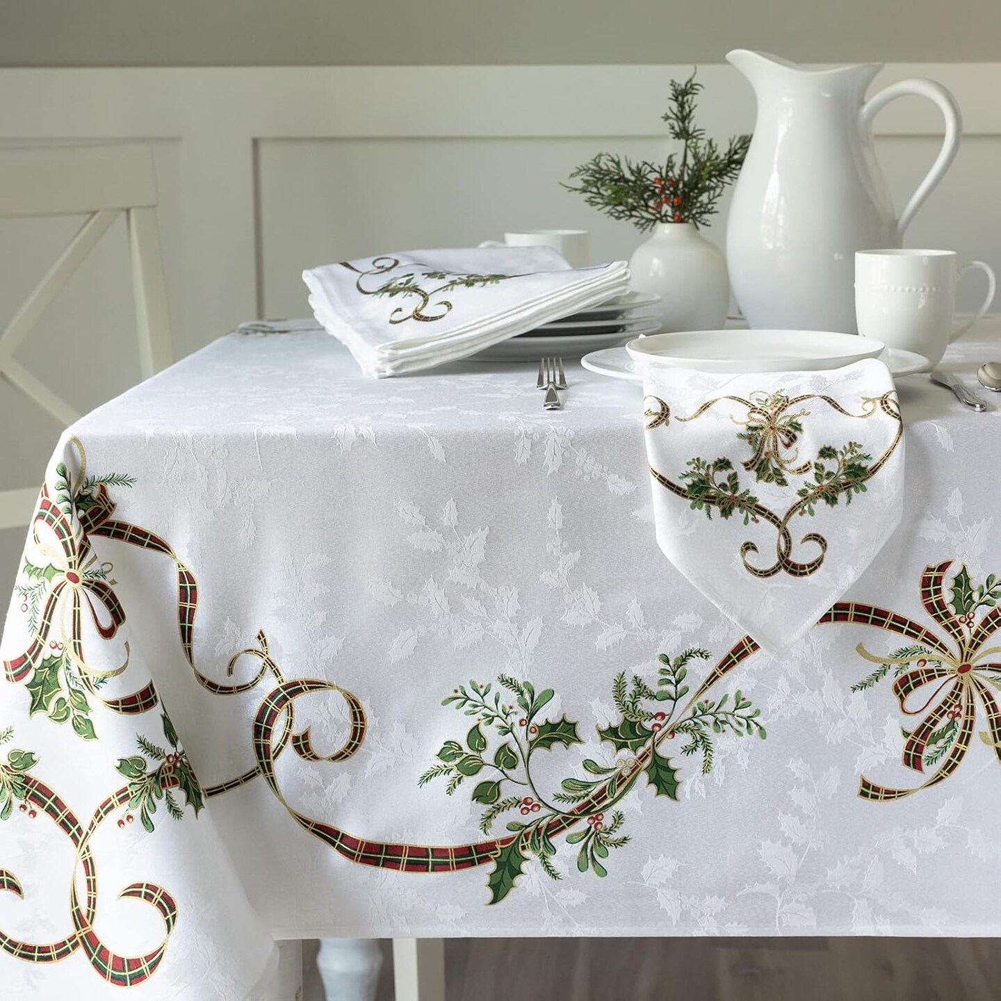 Merry Ribbons Engineered Printed Jacquard Fabric Christmas Table Cloth, Elegant Christmas Tablecloth for All Holiday and Winter (60" x 104" Rectangular, Merry Ribbons)