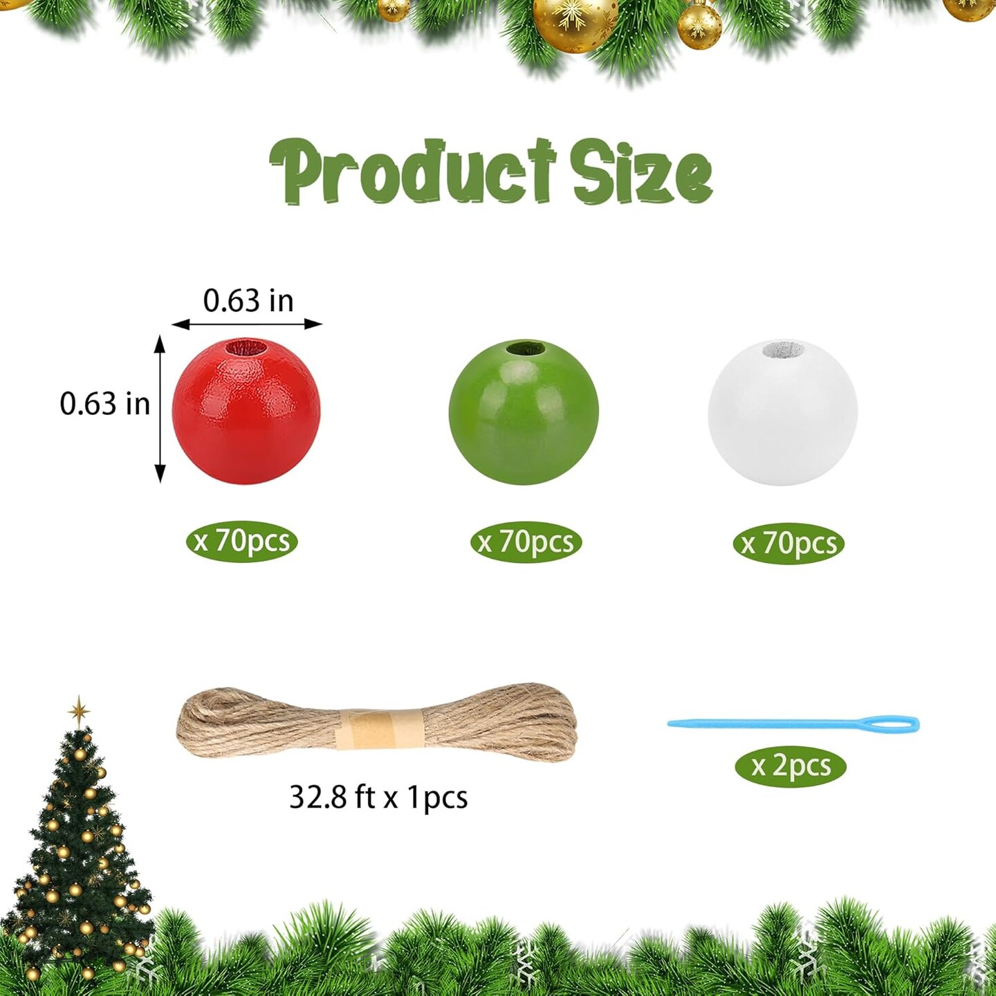 210Pcs Christmas Wooden Bead, Red White Green Wooden Beads DIY Crafts Kits, Christmas Tree Wood Beads Ornaments Xmas Wood Bead with Hemp Rope for Christmas Decor Gifts Party Supplies