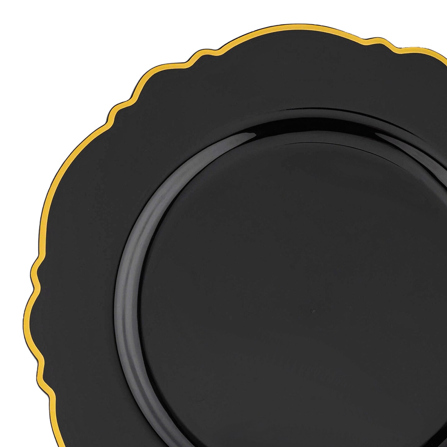 Black with Gold Rim Round Blossom Disposable Plastic Appetizer/Salad Plates - 7.5" (120 Plates)