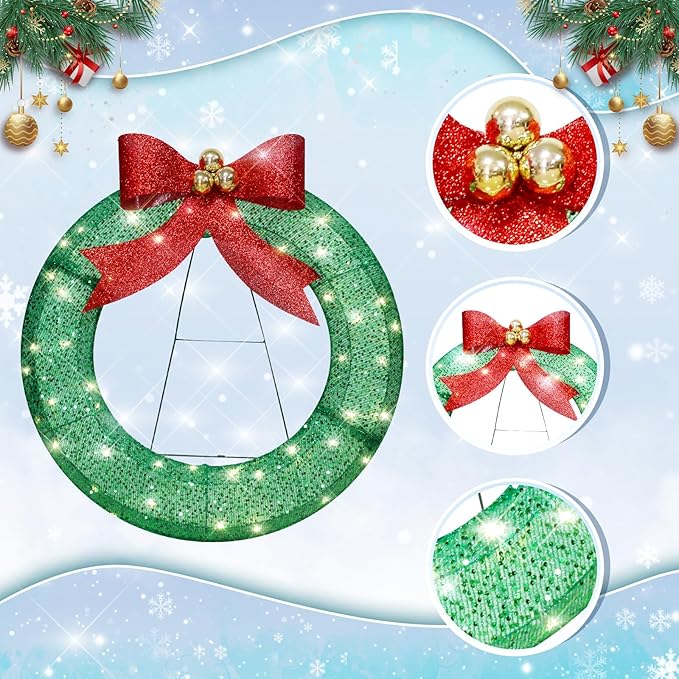 Lighted-up Christmas Wreath Bow with Lights 31.5&#x22; Prelit Outdoor Christmas Wreath Metal Holiday Decoration, Lighted Artificial Green Wreath with LED Lights, Lighted Christmas Indoor Home Display