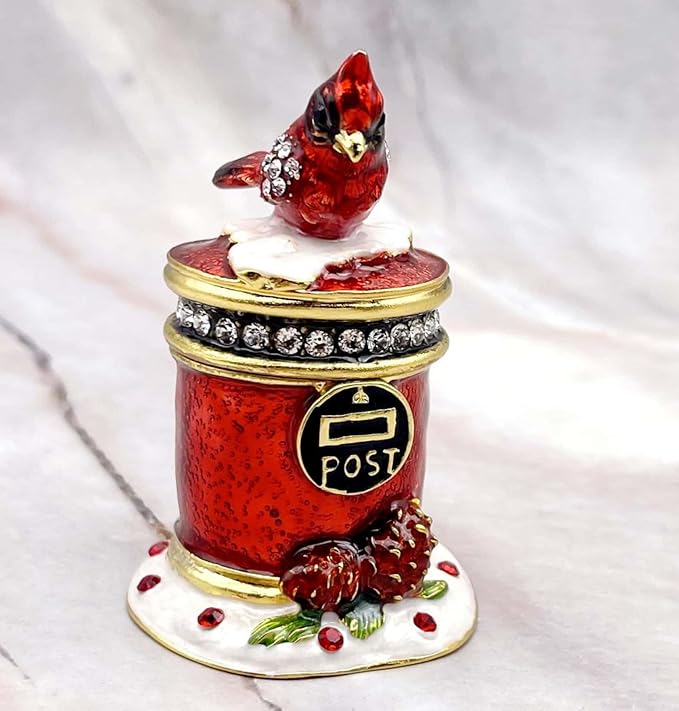 Luxury Cardinal Bird with Mailbox Hinged Trinket Jewelry Boxes for Necklace Rings Earrings.Cardinals Decor Figurines Gifts for Women.