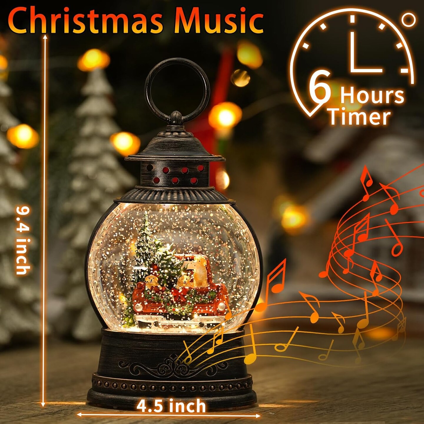 Dog Snow Globe Lighted Christmas Decorations, Musical Snow Globe Lantern with Swirling Glitter, Red Truck Christmas Tree Holiday Party Gifts and Decorations, USB &#x26; Battery Operated